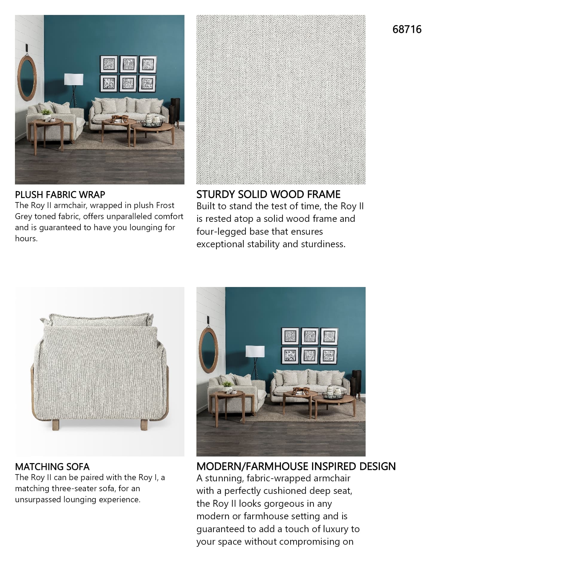 Roy II Frost Gray Upholstered and Brown Wood Frame Arm Chair — in a styled room