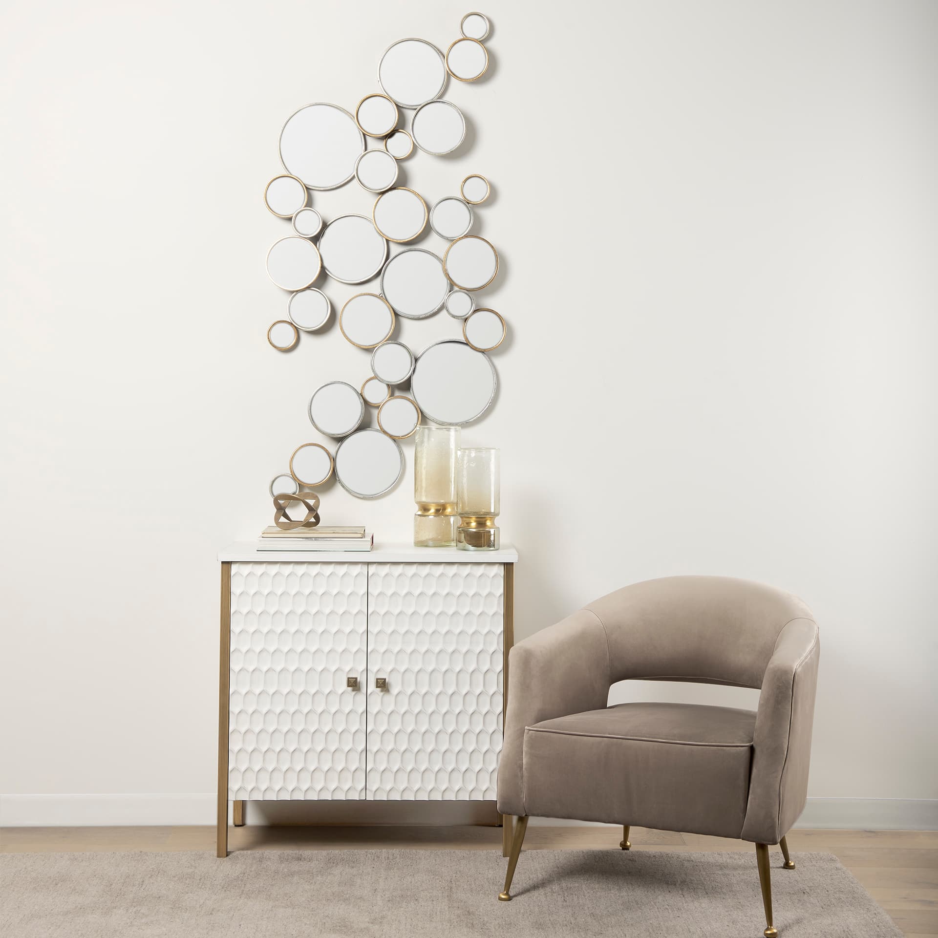 Savannah White Fir Veneer w/ Gold Metal Accent 2-Door Accent Cabinet — in a styled room