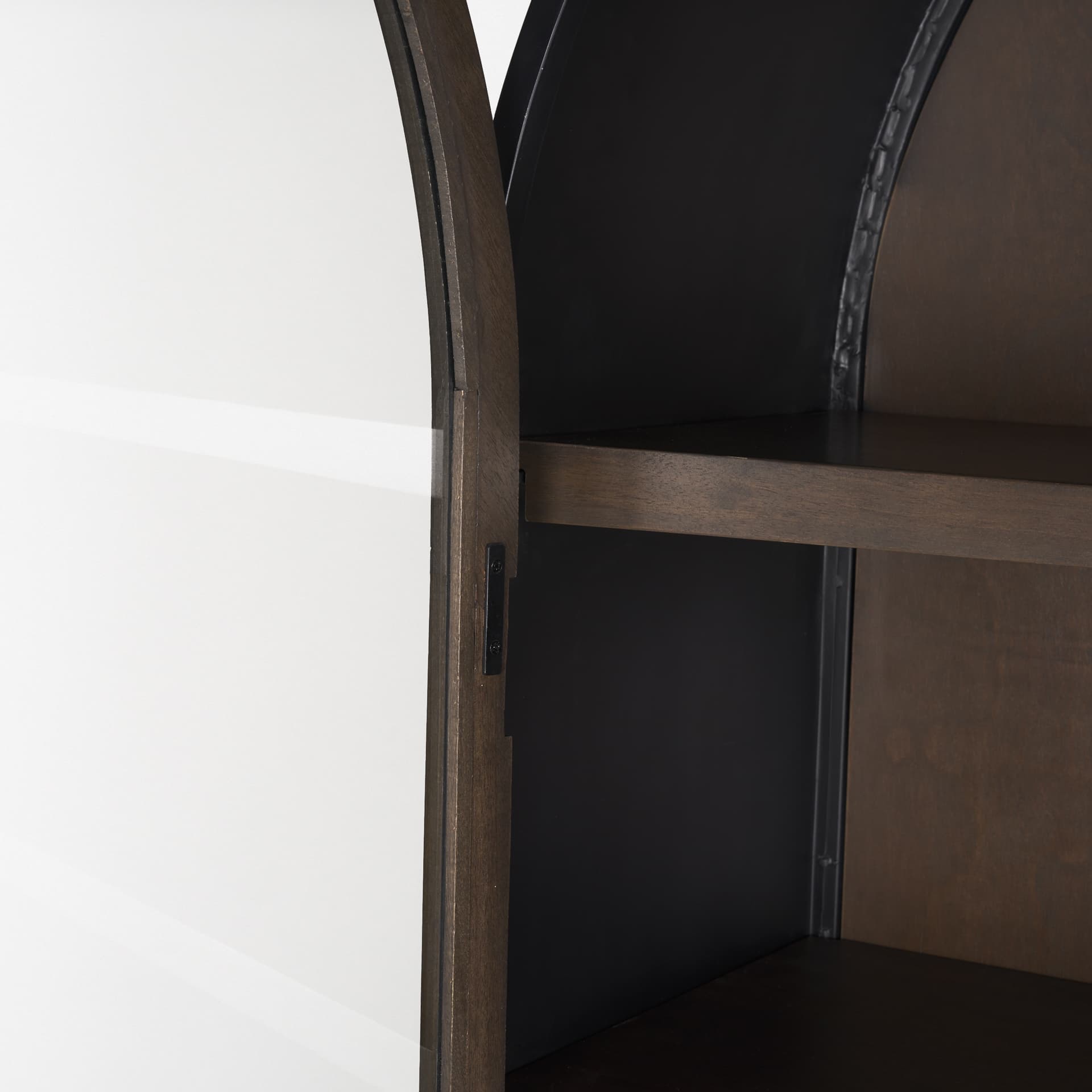 Sloan 42W x 80H Dark Brown Wood W/Black Metal Arched Curio Cabinet — product photograph