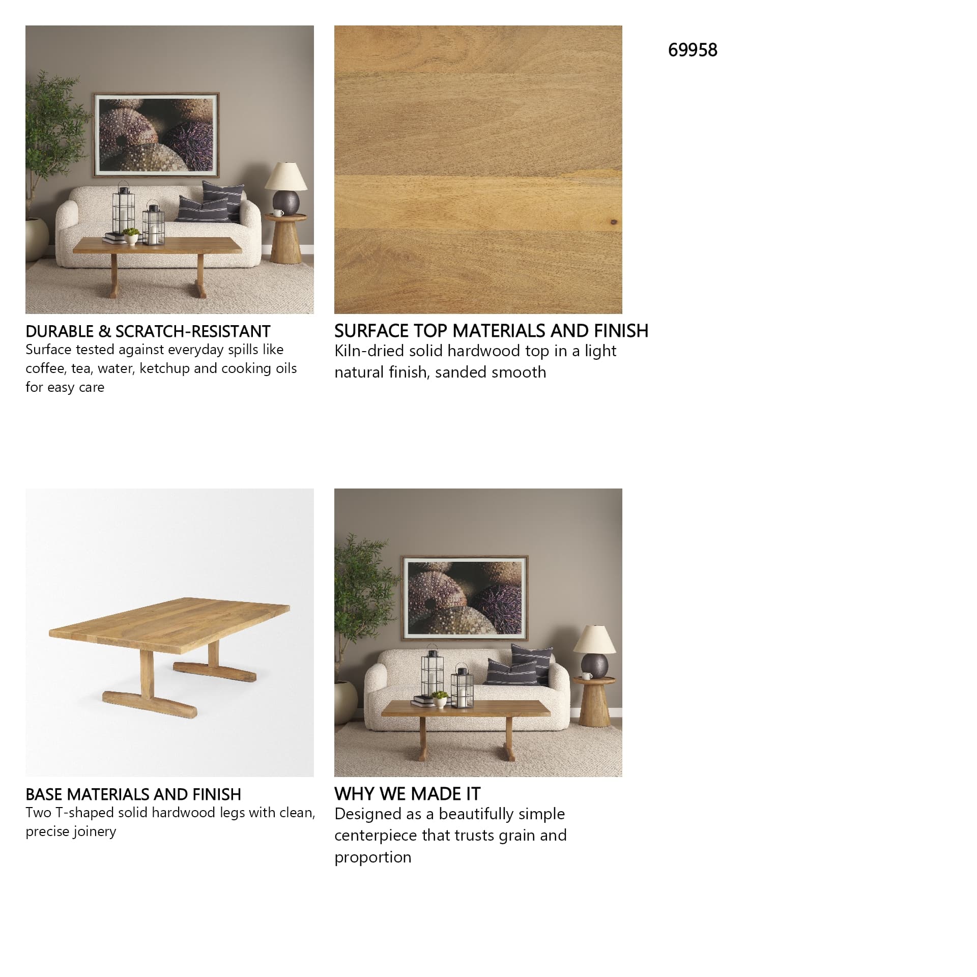 Viktor 55"L Light Brown Solid Wood Coffee Table — in a styled room