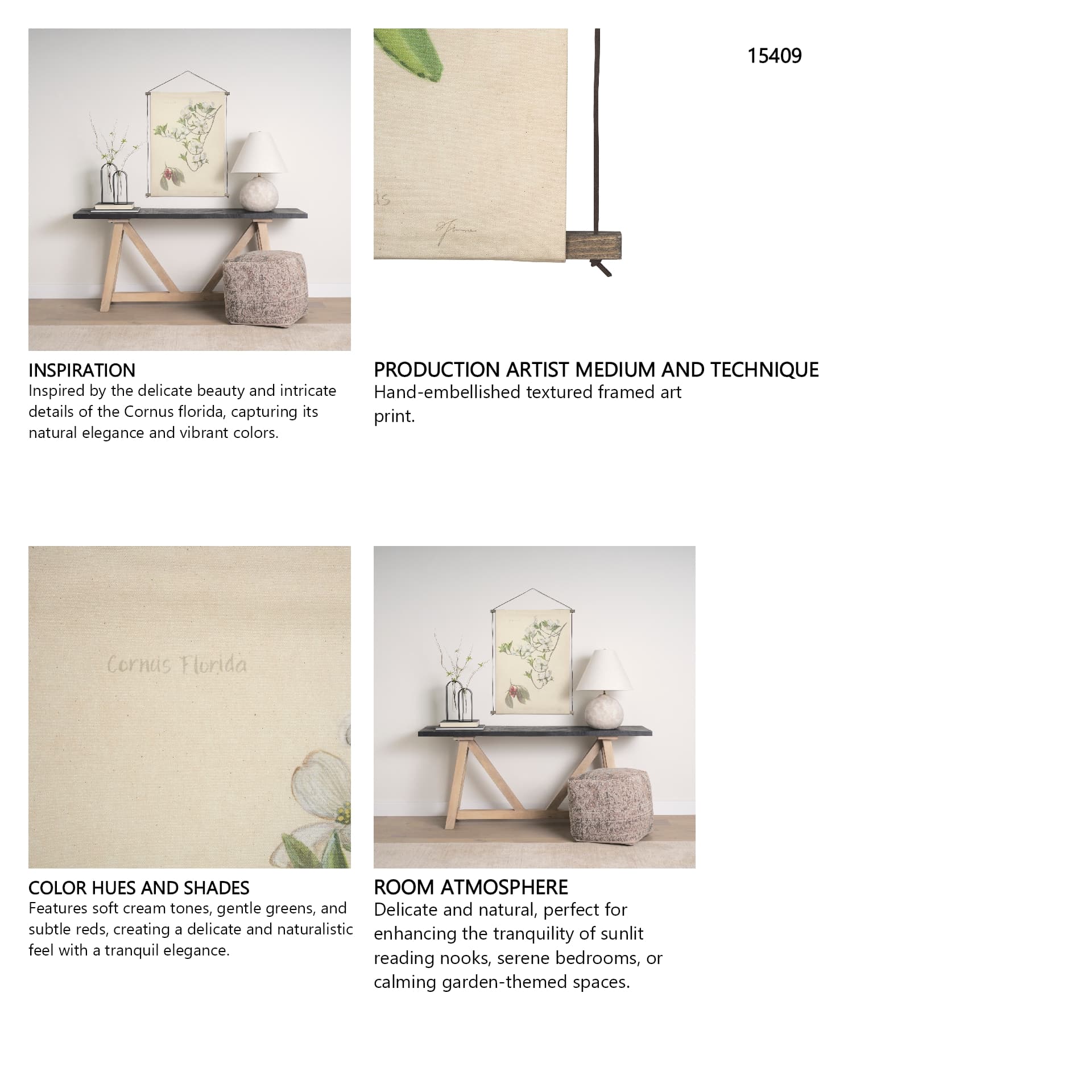 Botanical Study-Cornus Florida by Mercana Studio a Hand Embelished Textured Framed Art Print — in a styled room