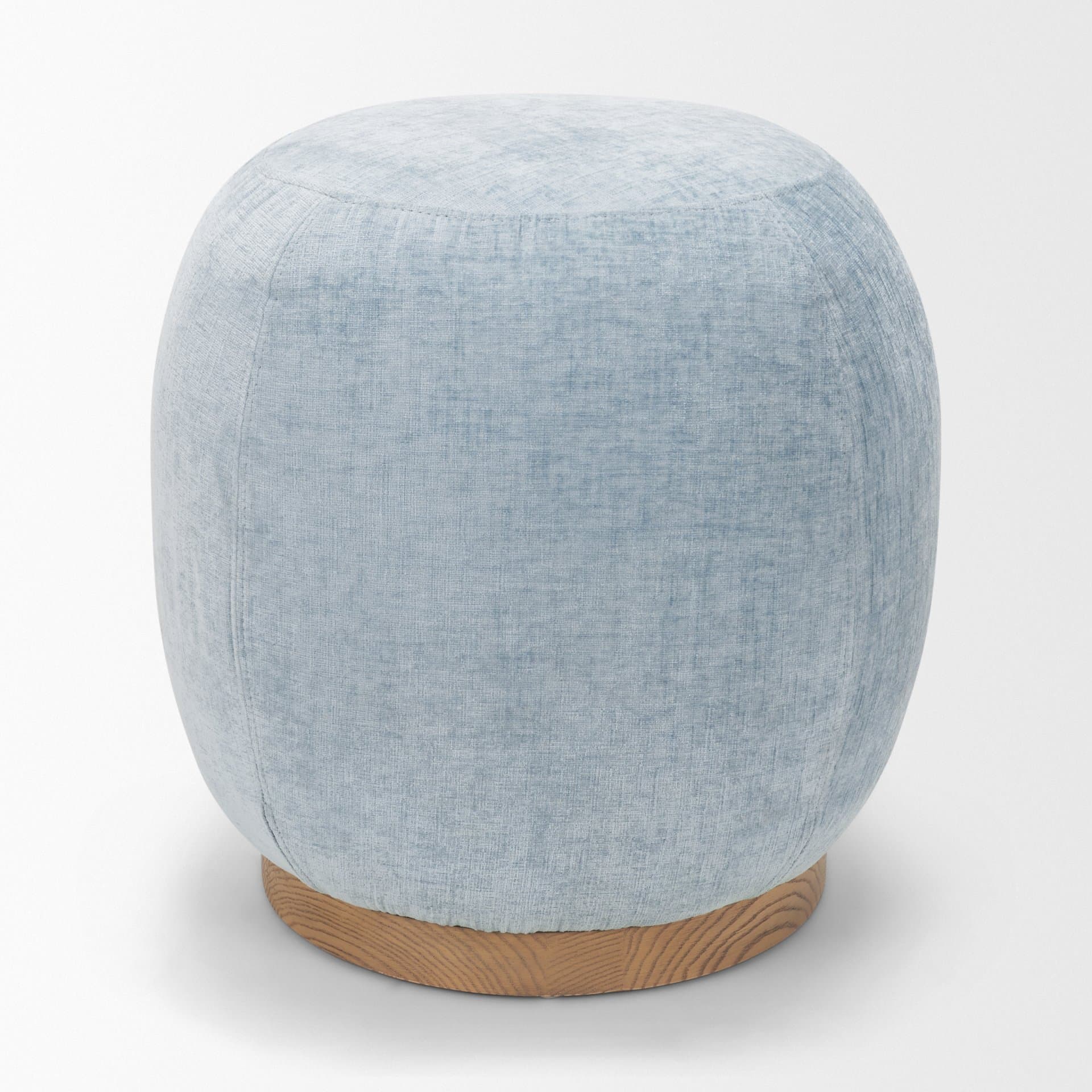 Siren French Blue Fabric w/ Brown Ash Wood Round Accent Stool — product photograph
