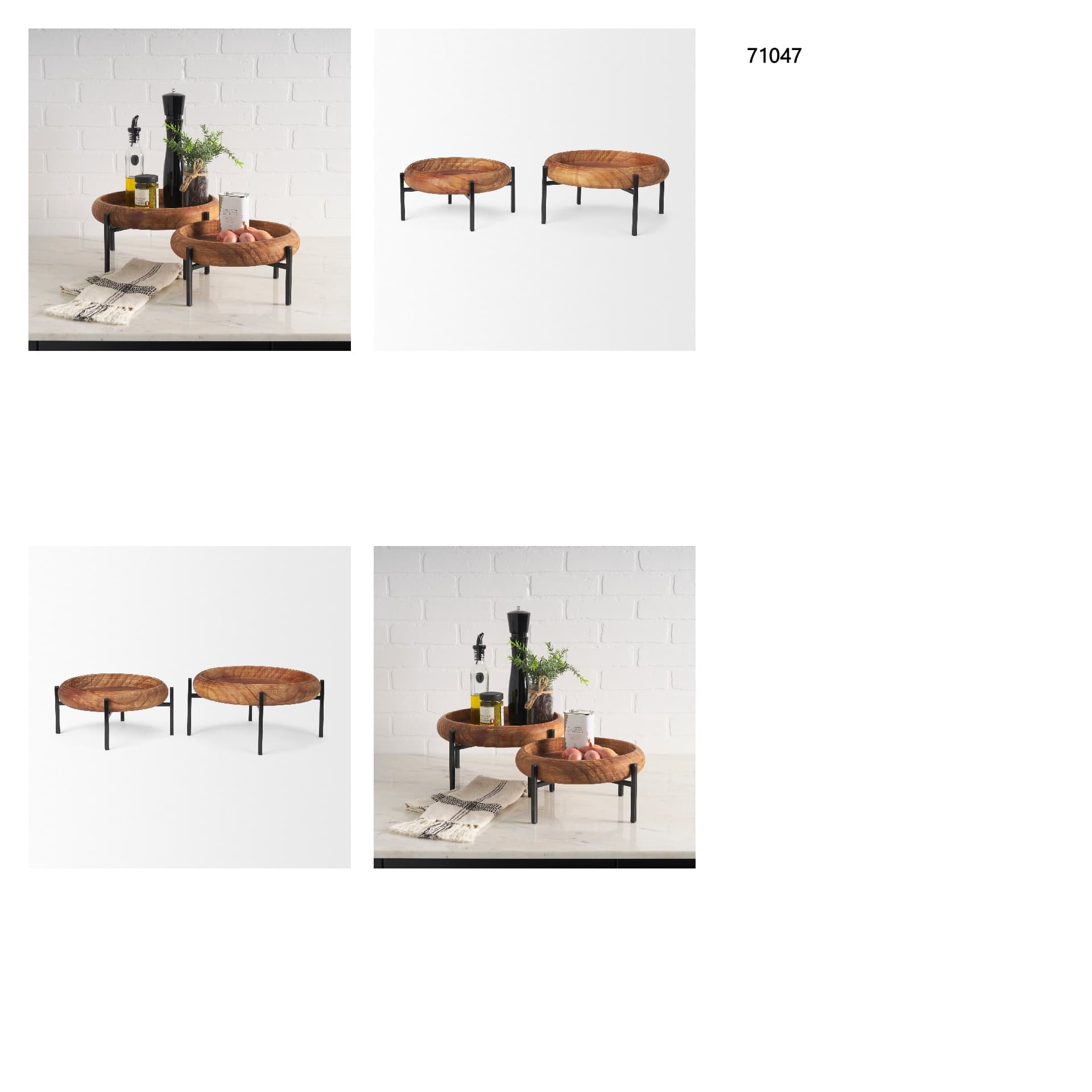 Wally Round Medium Brown Wood w/ Matte Black Metal Stand Trays — in a styled room