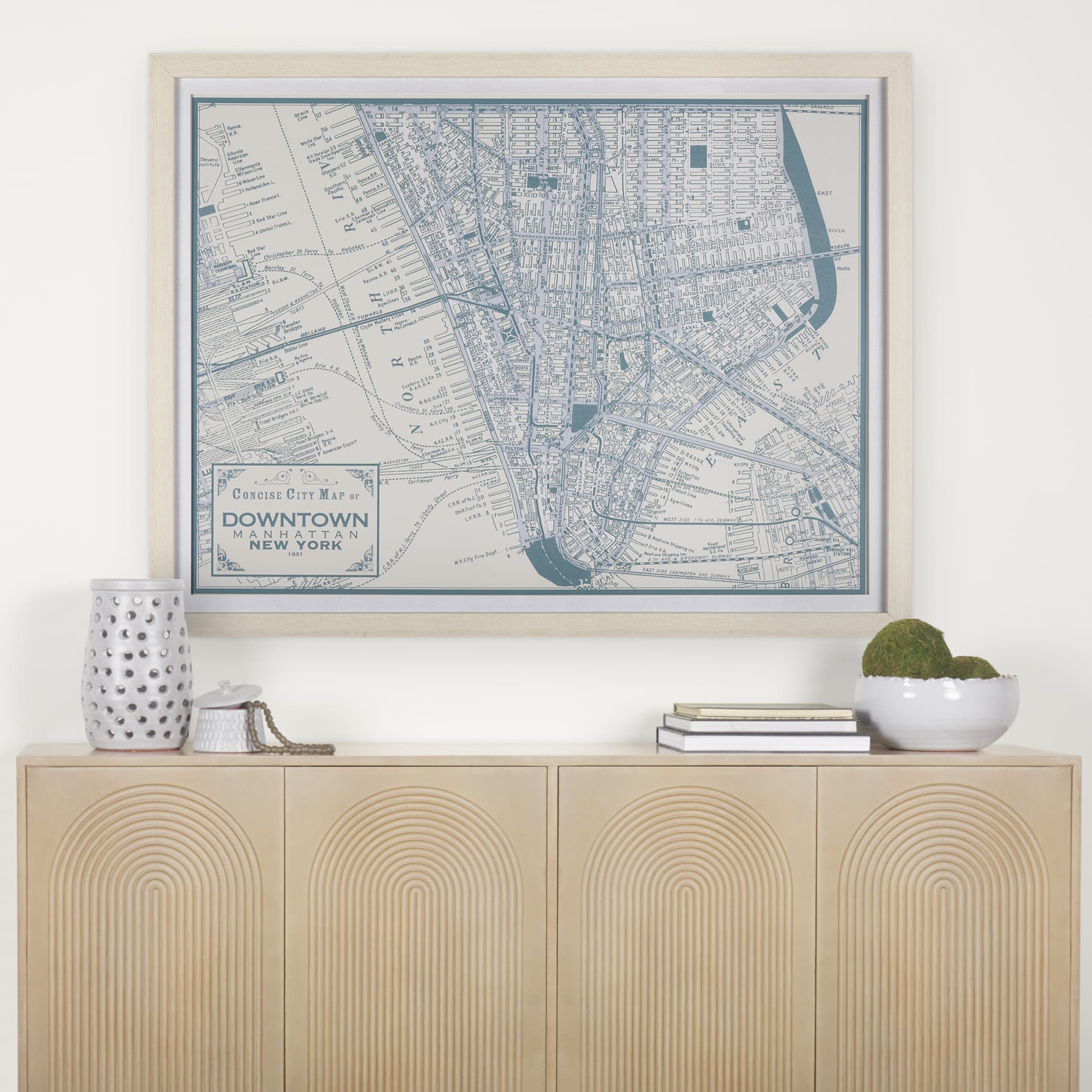 Manhattan Map II by Mercana Studio a Hand Embellished Textured Framed Art Print Matted under Glass — in a styled room