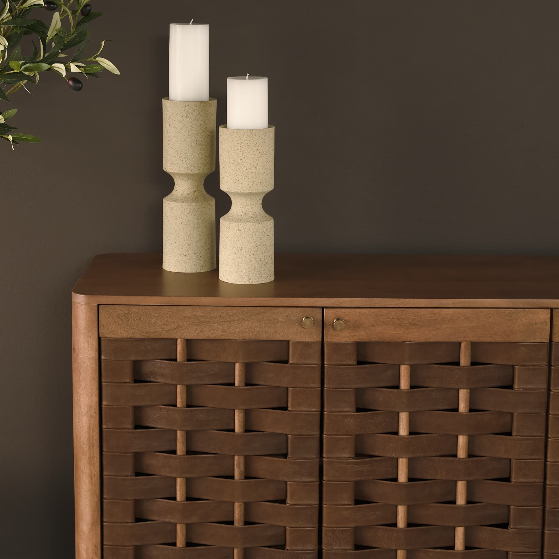 Akira Large Textured Beige Metal Pillar Candle Holder — product photograph