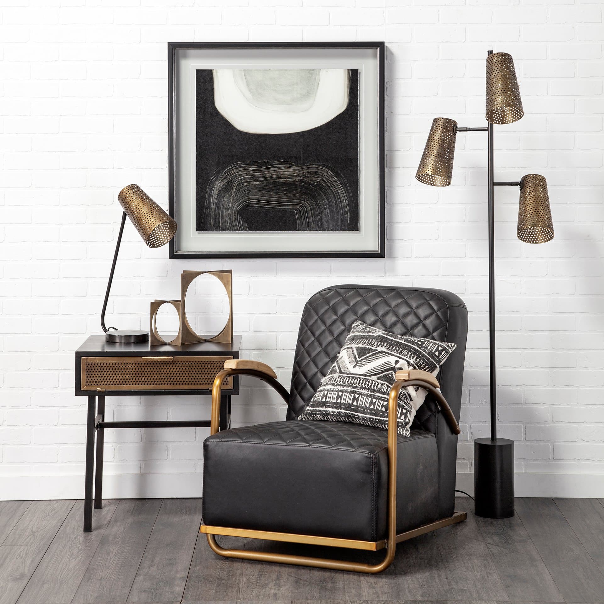 Horace I Black Leather Diamond Pattern w/Gold Iron Frame Accent Chair — product photograph