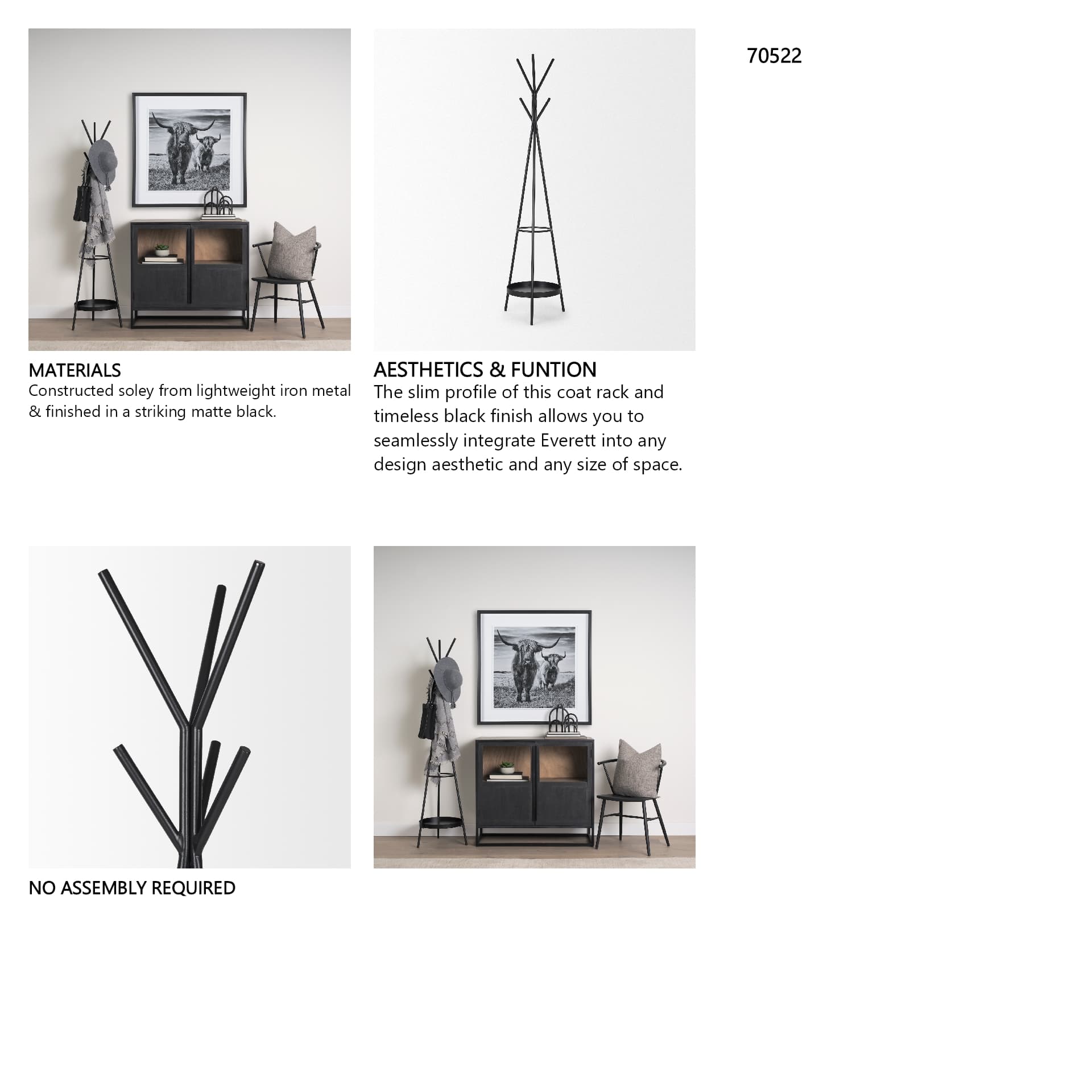 Everett Matte Black Metal w/ Two Metal Shelves Coat Rack — in a styled room