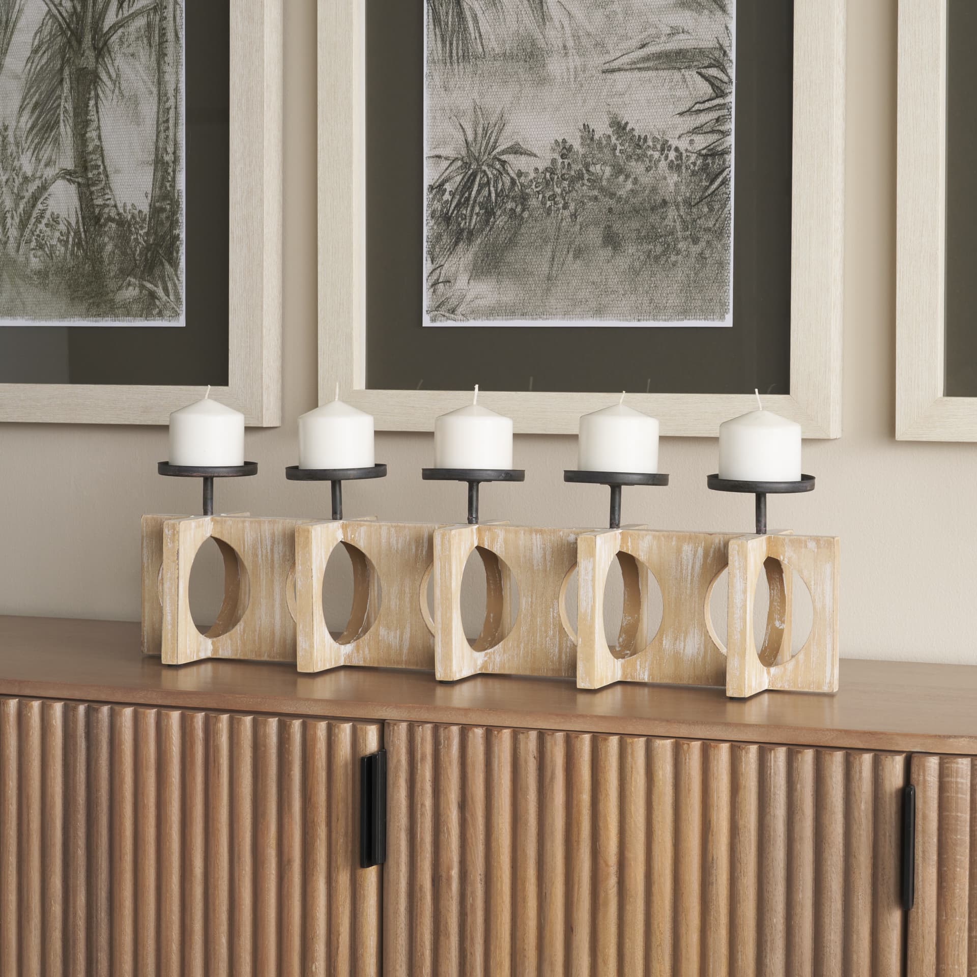 Cambie 29.0L x 6.0W x 9.0H Natural Wood W/Black Metal Candle Holders — in a styled room