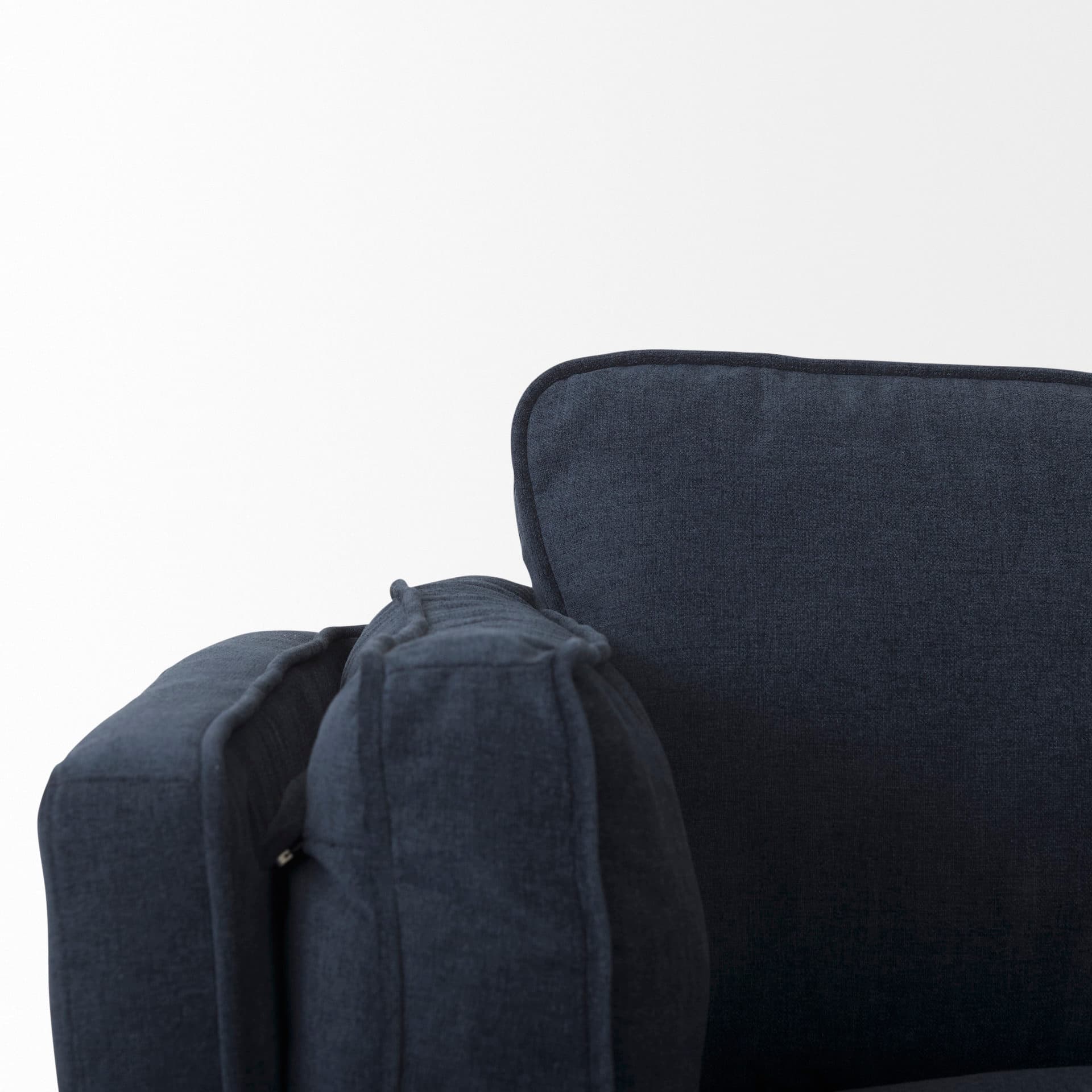 Brooks 90.2L x 34.8W x 33.5H Navy Blue Fabric Three Seater Sofa W/ Medium Brown Wooden Legs — product photograph