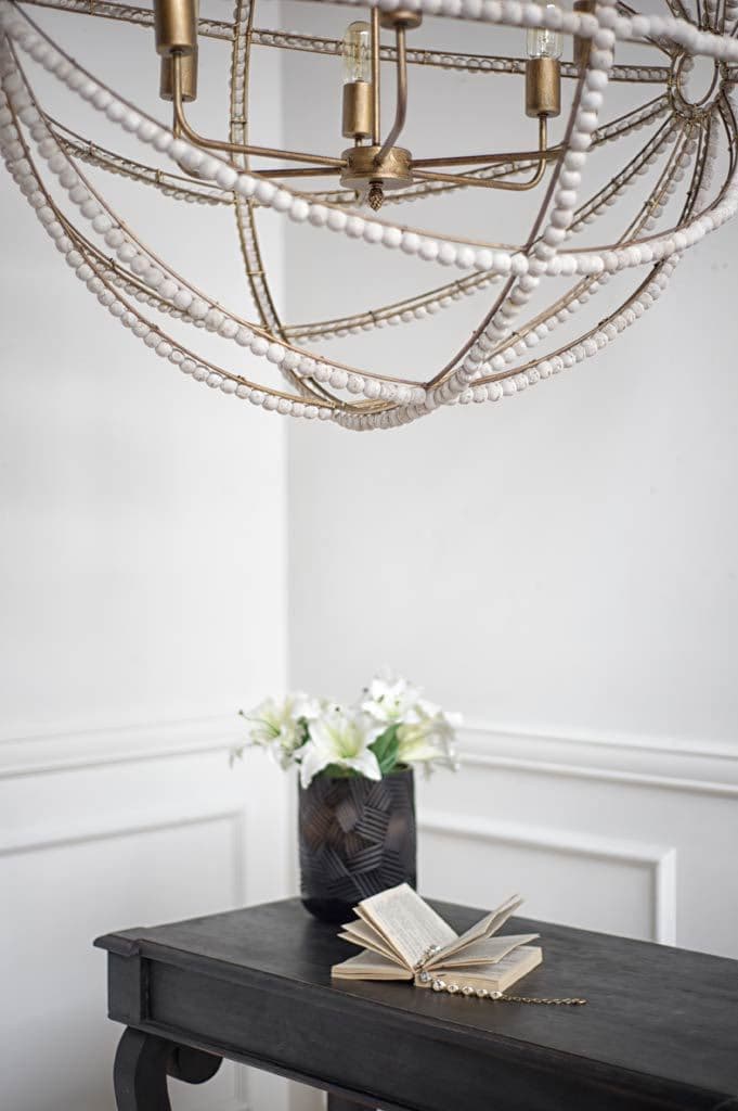 Ava White (34"D) Gold Metal and White Wood Beaded Six Bulb Chandelier — product photograph
