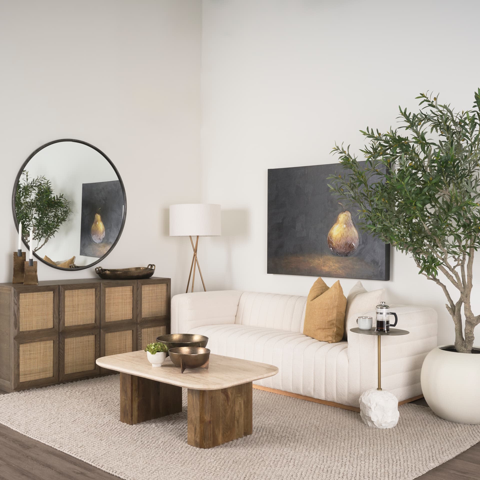 Sina Brown Oak Wood w/ Natural Rattan 4 Door Sideboard — product photograph