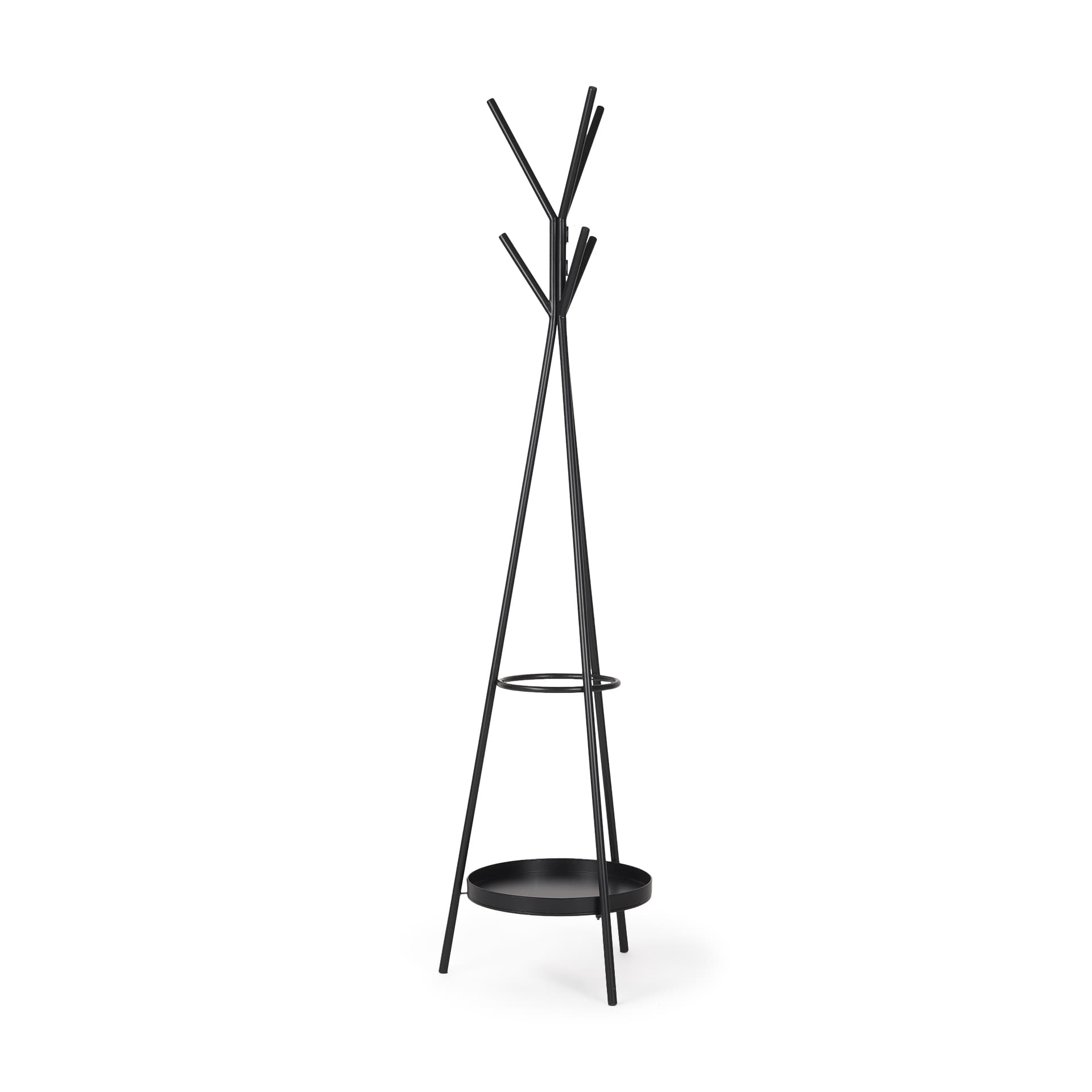 Everett Matte Black Metal w/ Two Metal Shelves Coat Rack — product photograph