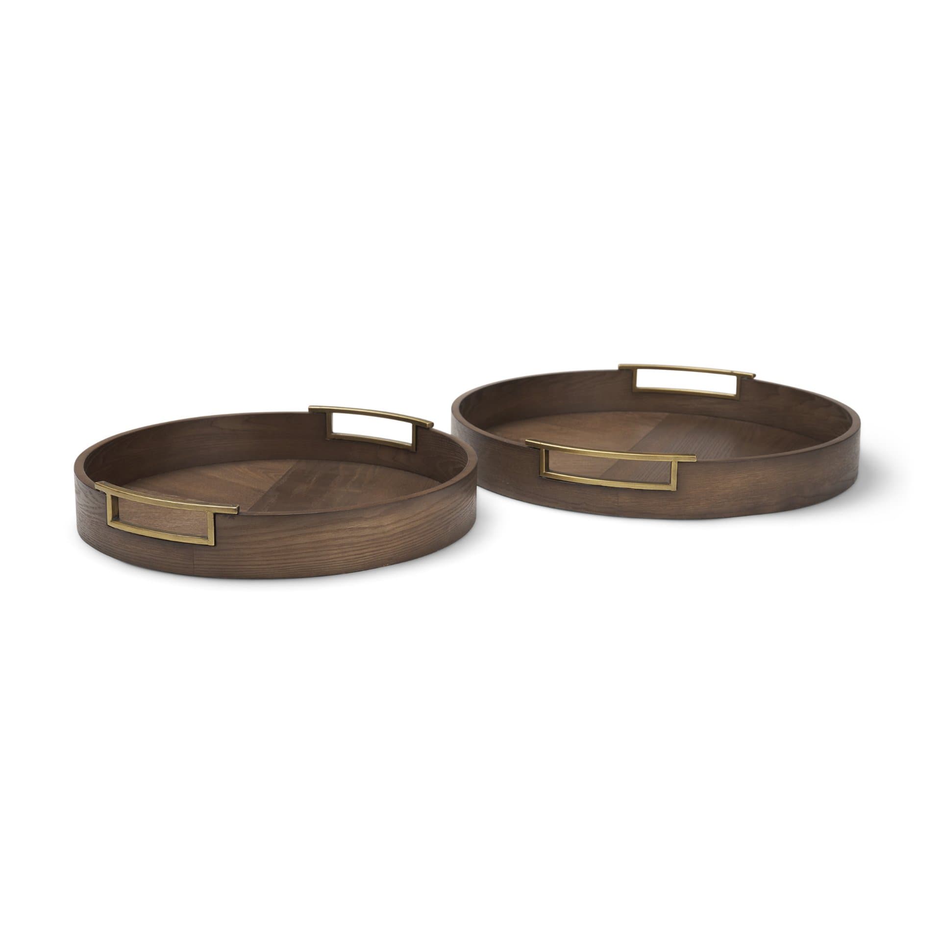 Langford Round Dark Brown Walnut Wood w/ Brass Handles Decorative Tray Set — product photograph