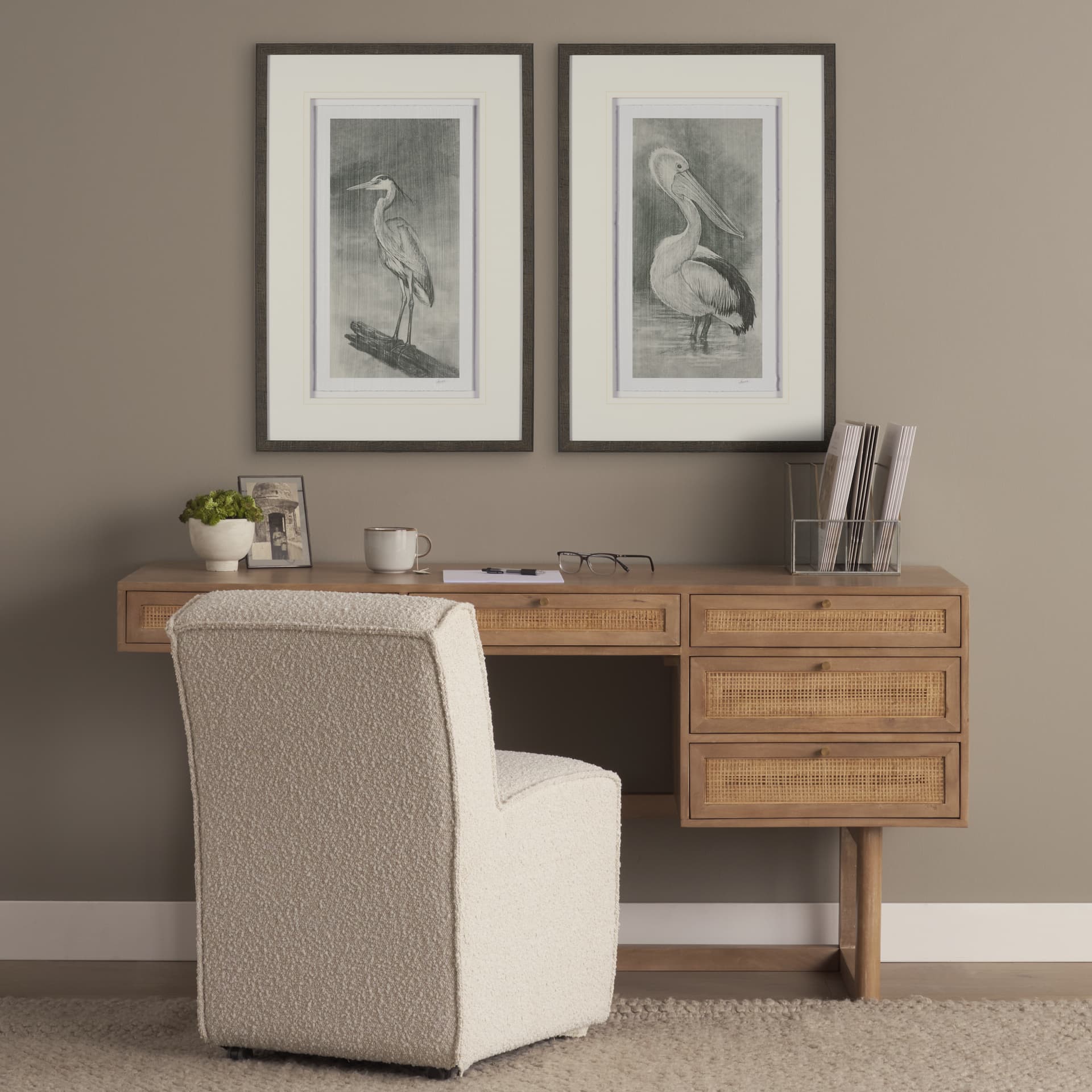 Heron Sketch by Mercana Studio a Hand Embellished Framed Art Print Matted under Glass — in a styled room
