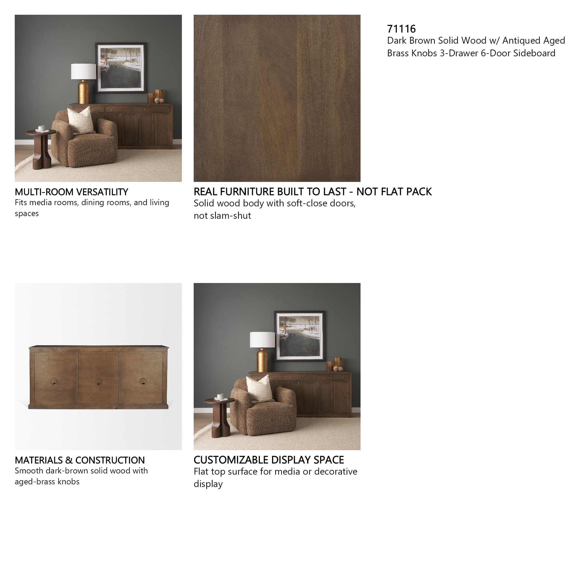 Baron Dark Brown Solid Wood w/ Antiqued Aged Brass Knobs 3-Drawer 6-Door Sideboard — in a styled room