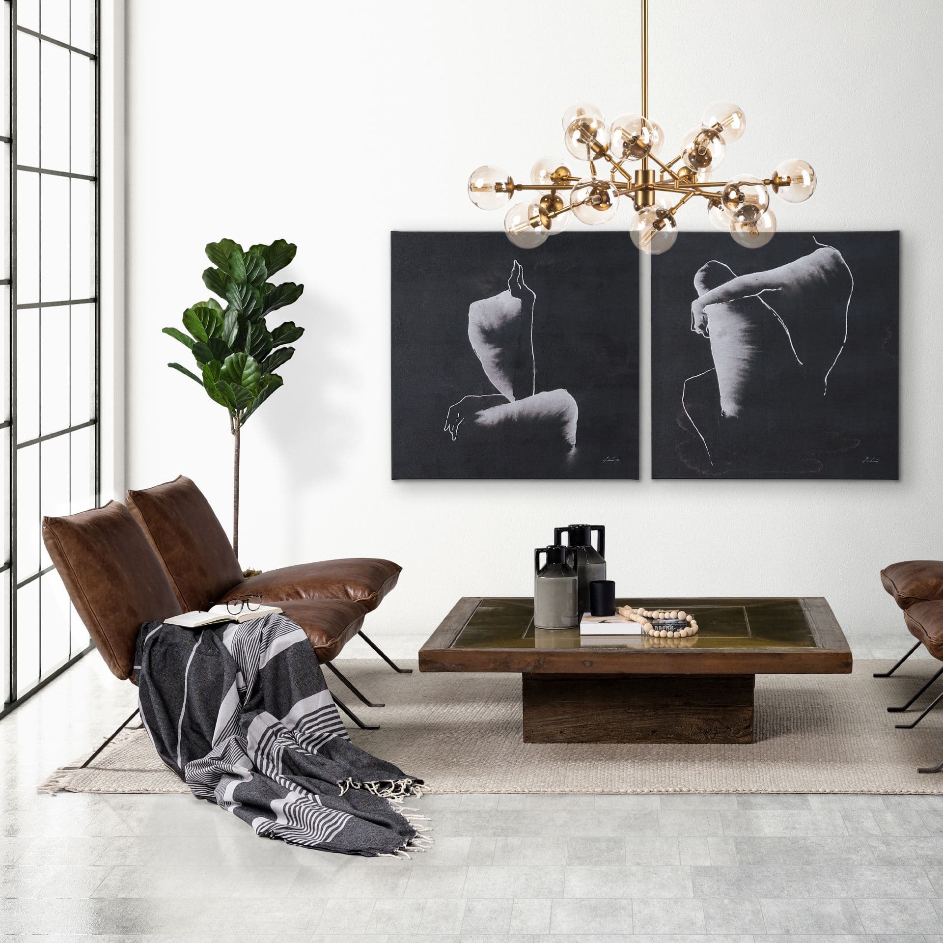 Rudyard Glass Globe and Gold Metal Chandelier — in a styled room