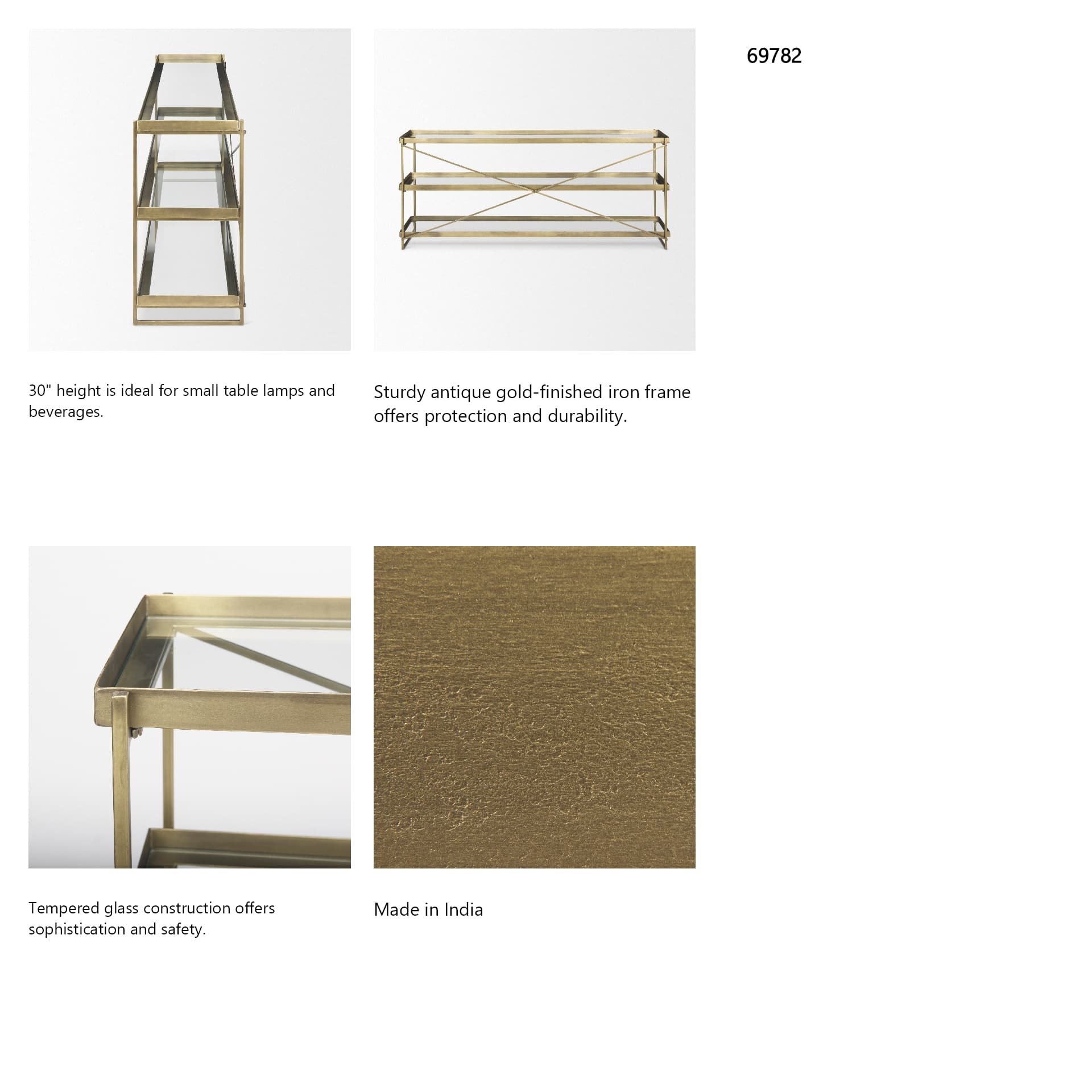 Trey 72.0L x 16.0W x 30.0H Gold Metal W/Glass Console Table — in a styled room
