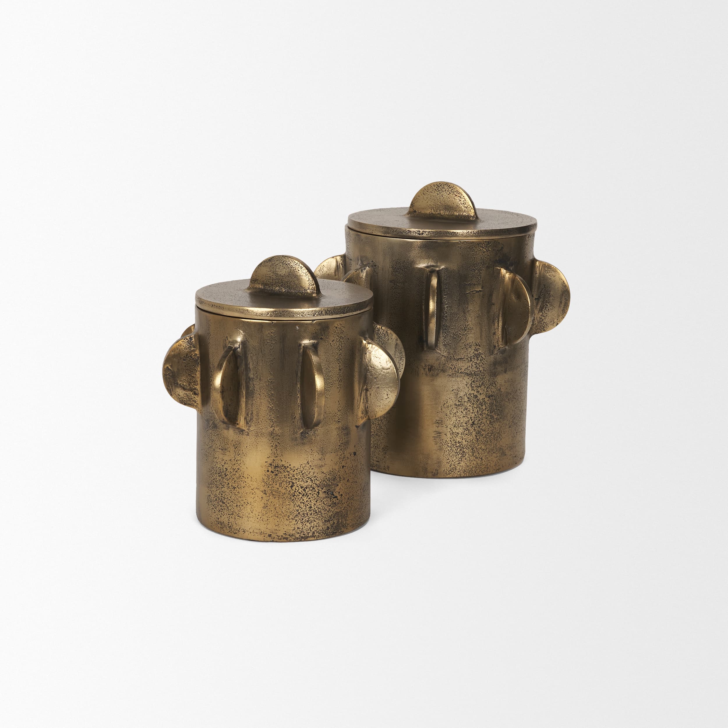 Deacon Small Antiqued Gold Metal Canister with Sculptural Handles — product photograph