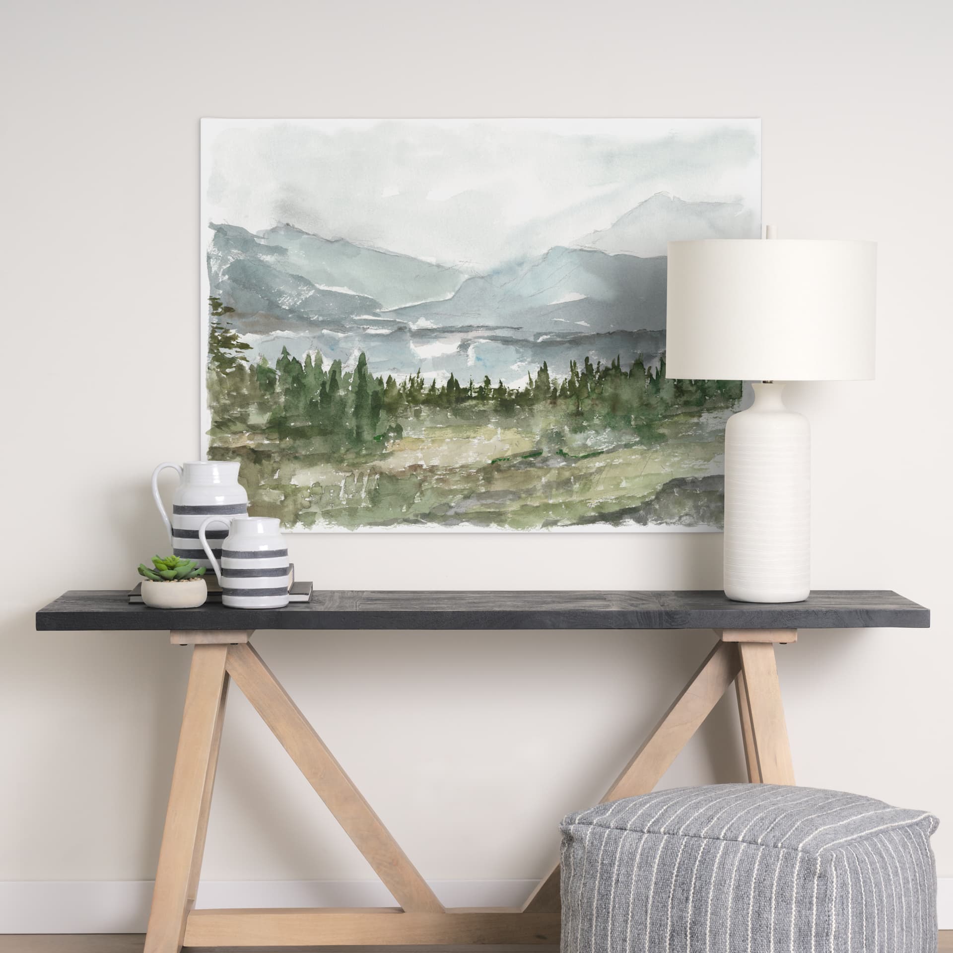 Overcast Reservoir II by Ethan Harper a Hand Embellished Textured Canvas — in a styled room