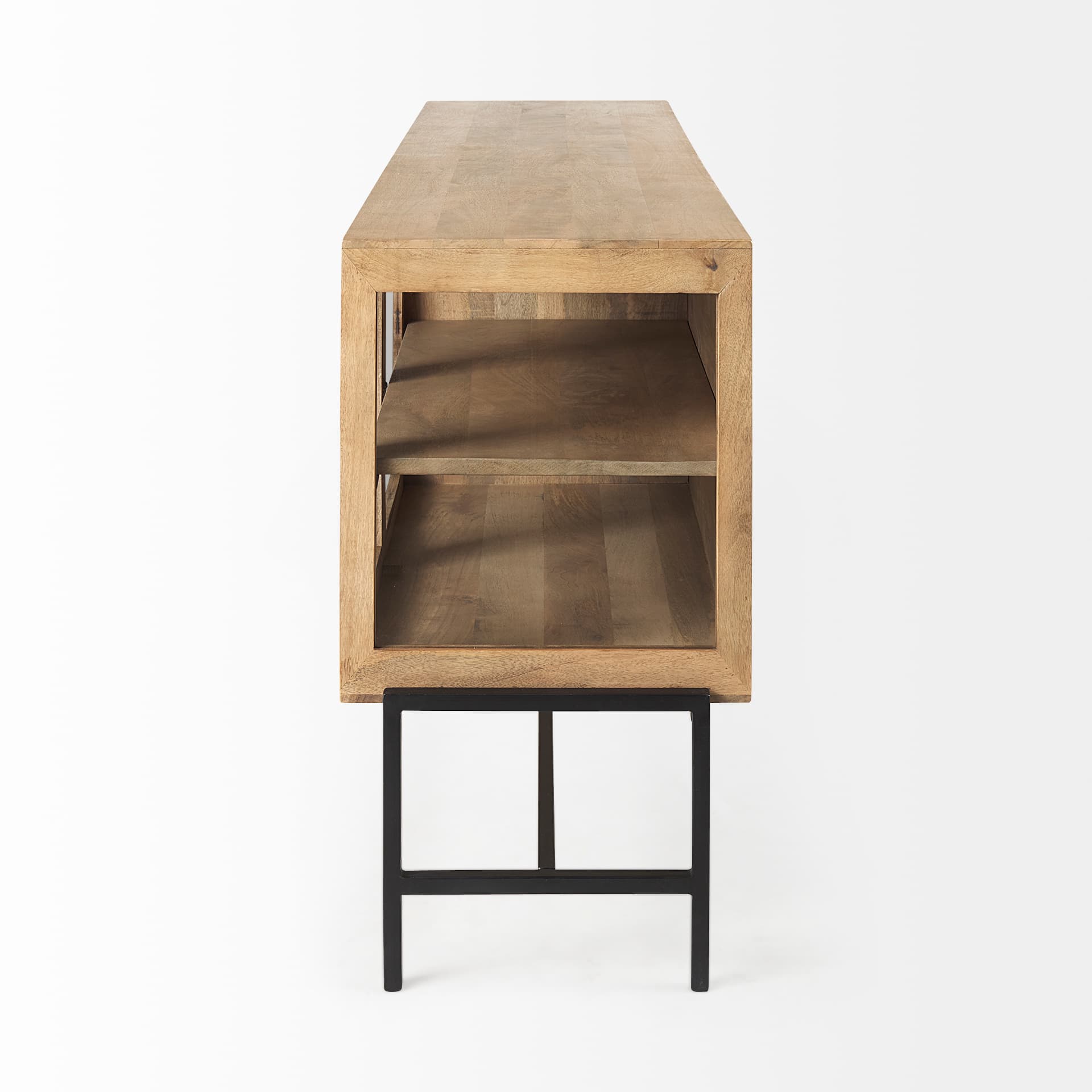Arelius 70L x 18.75W x 32H Light Brown Wood, Black Metal Base w/ 4 Glass Cabinet Doors Sideboard — product photograph