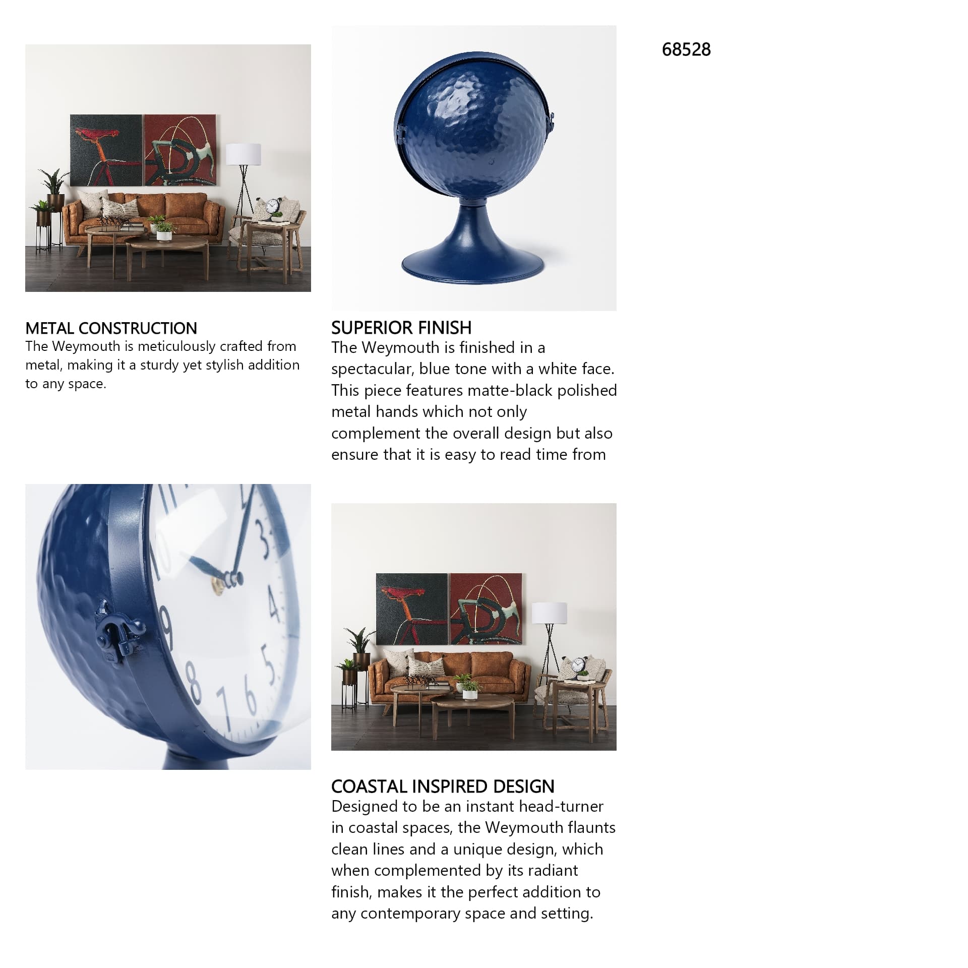 Weymouth Blue Metal Glass Dome Table Clock — in a styled room