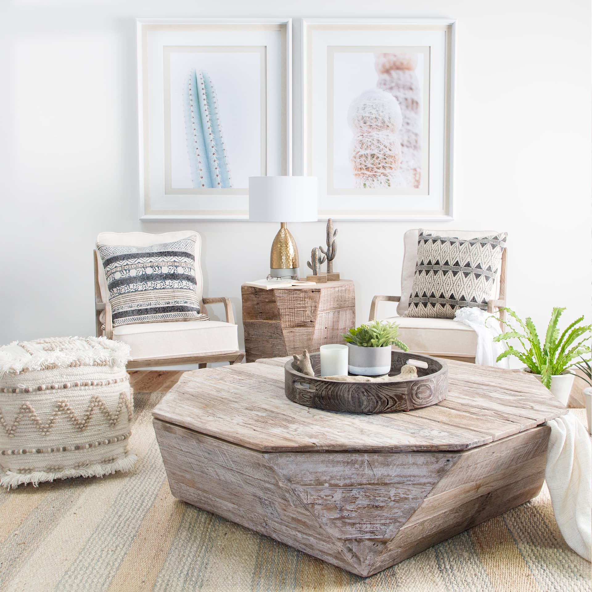 Esagono Octagonal Reclaimed Wood End/Side Table w/ Storage — in a styled room