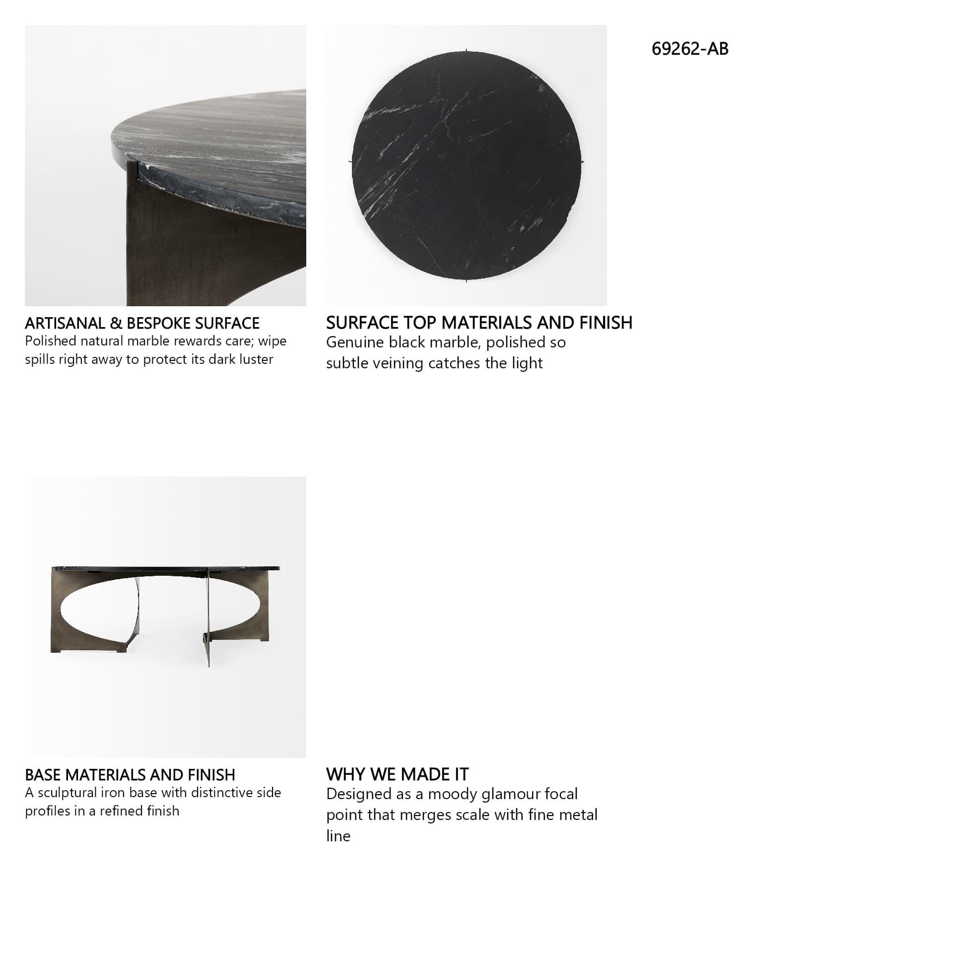 Reinhold III Black Marble Top Iron Coffee Table — in a styled room