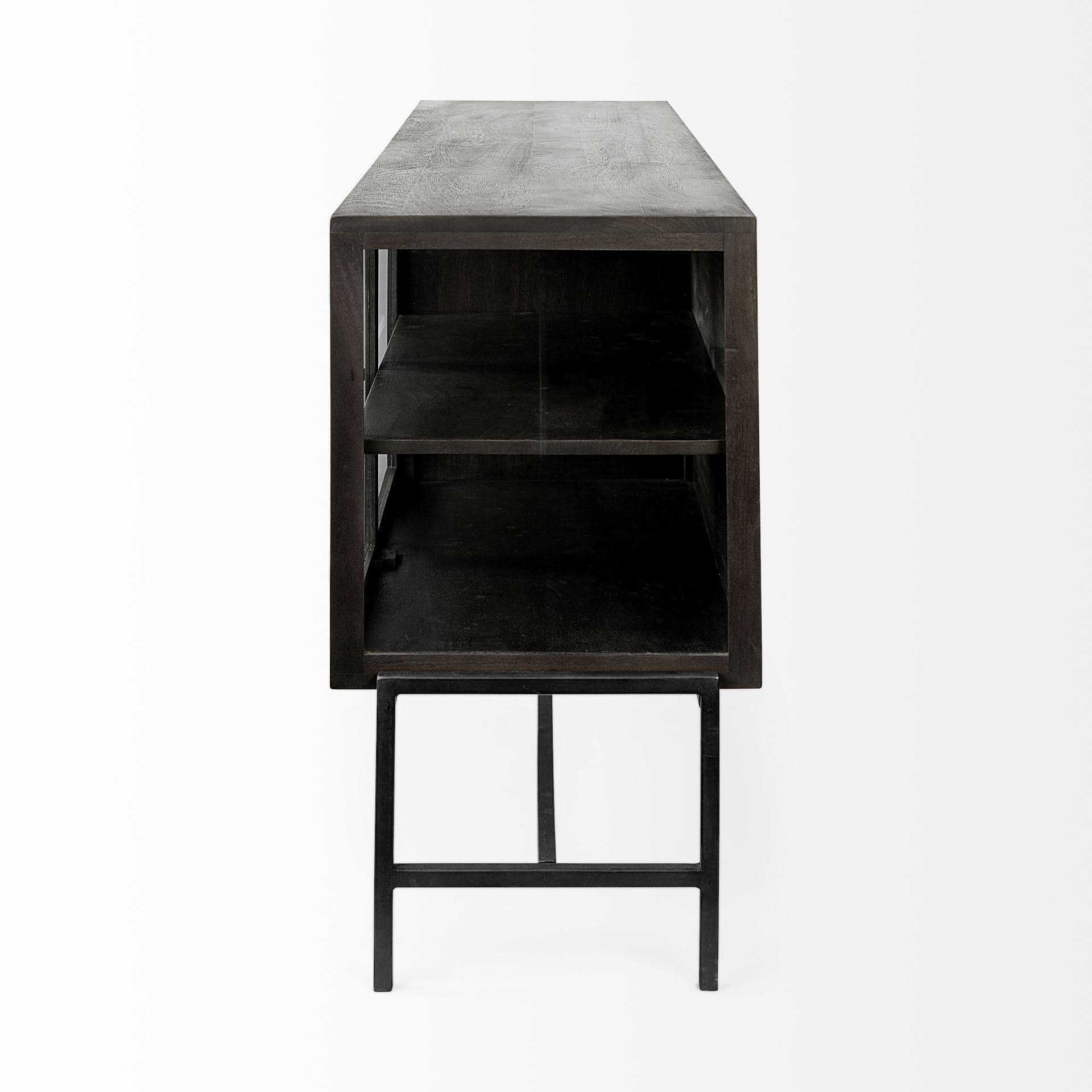 Arelius 70L x 18.75W x 32H Black-Brown Wood, Black Metal Base w/ 4 Glass Cabinet Doors Sideboard — product photograph