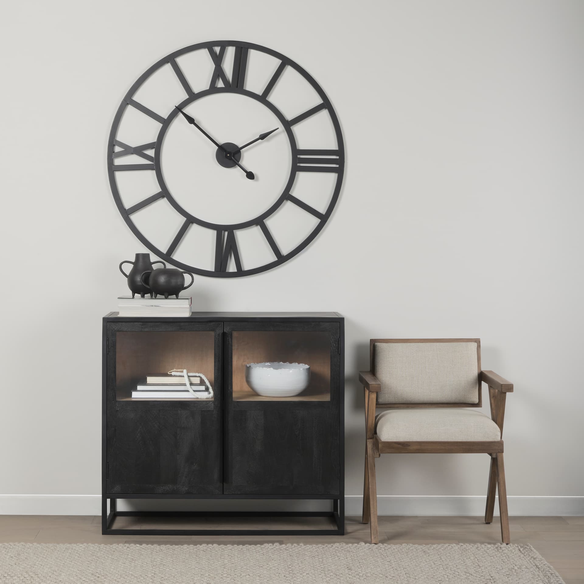 Sloan 40.0W Black Wood W/Black Metal Frame Accent Cabinet — in a styled room