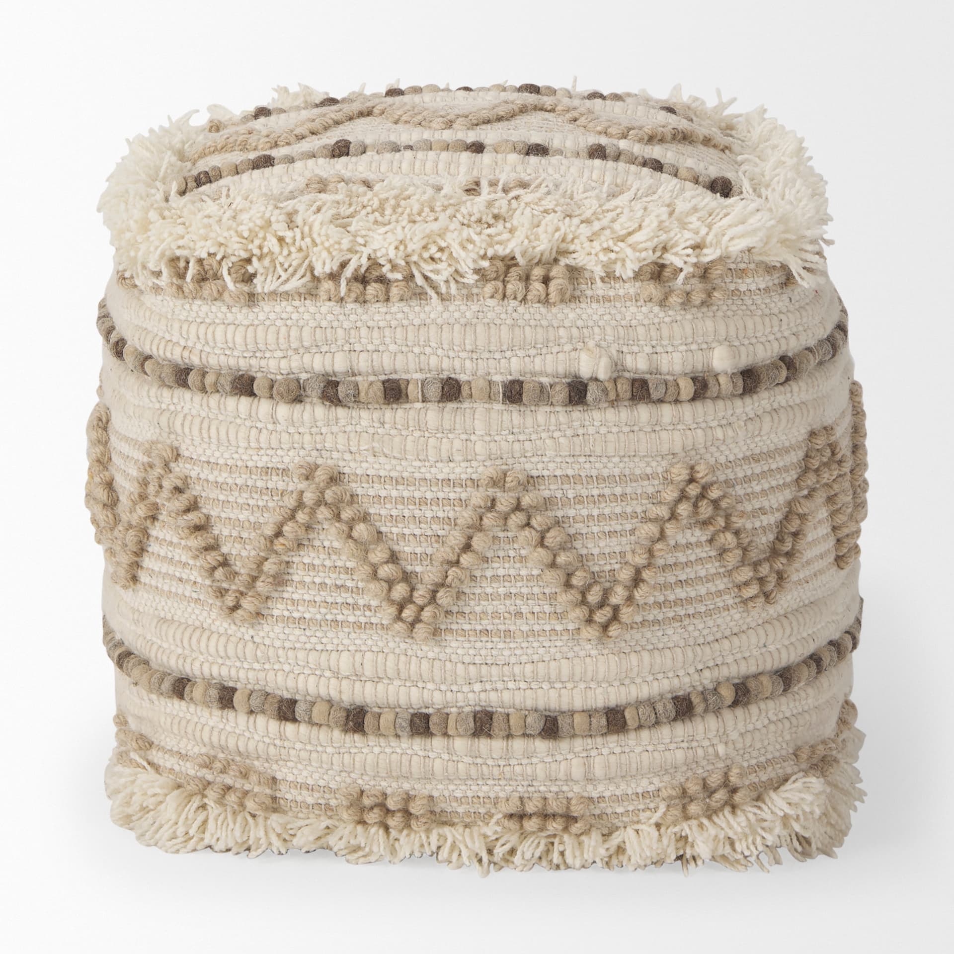 Caela Beige/Brown Wool, Cotton and Felt Popcorn Stitch Square Pouf — product photograph