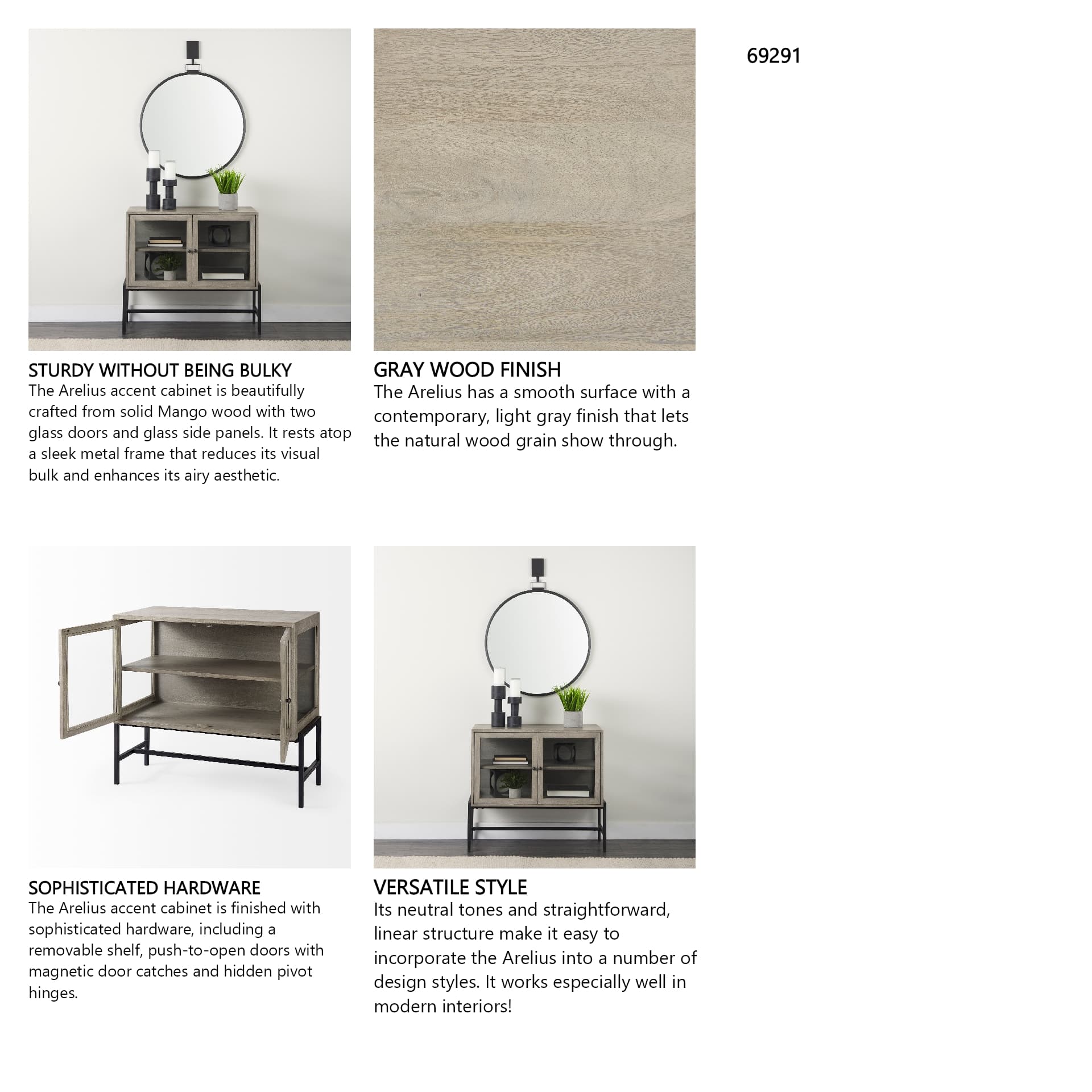 Arelius 36L x 18W x 32H Gray Wood, Black Metal Base w/ 2 Glass Doors Accent Cabinet — in a styled room