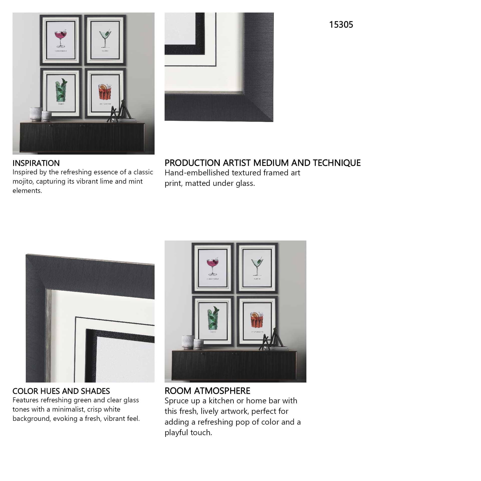 Vintage Cocktails-Mojito by Gwen Aspell Hand Embelished Textured Framed Art Print Matted under Glass — in a styled room