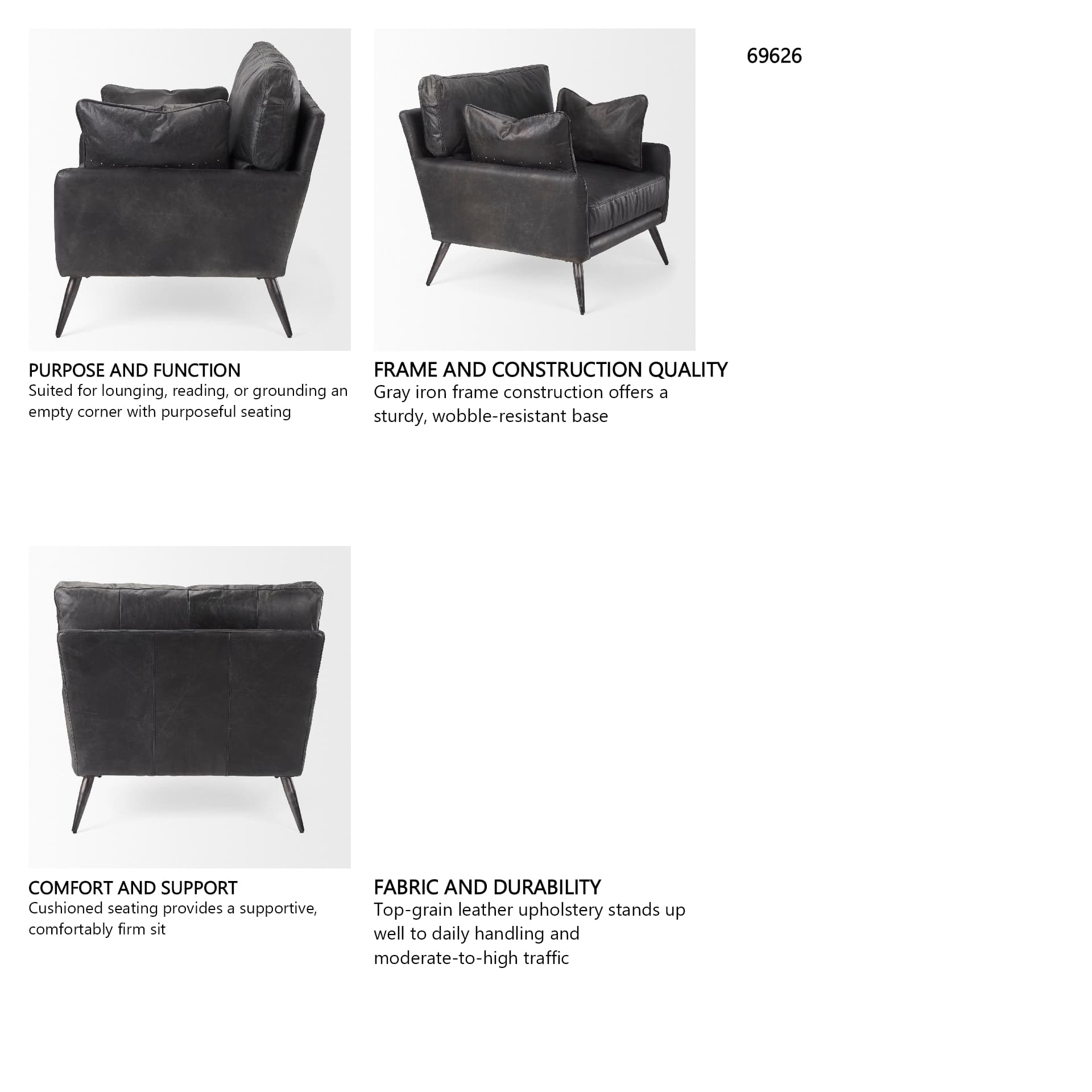 Cochrane 34.5L x 33.0W x 32.5H Black Leather Wrapped Chair — in a styled room