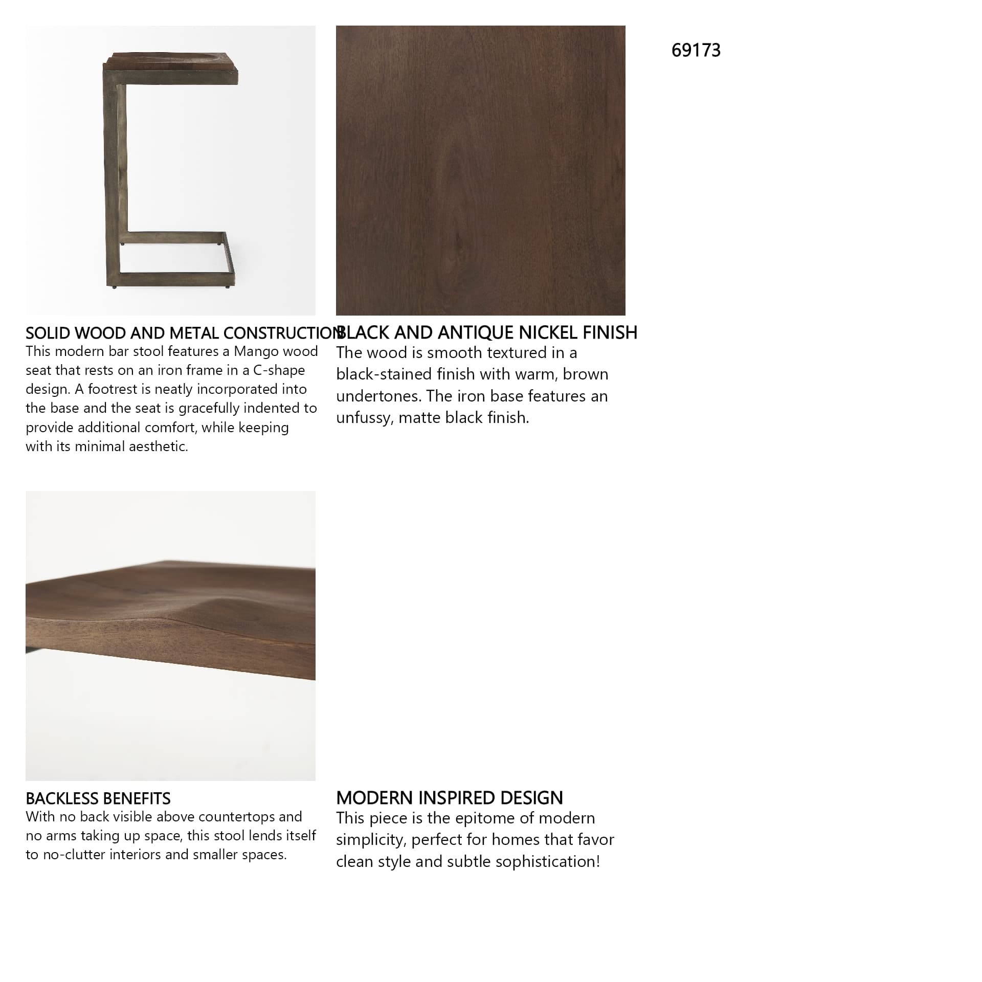 Kiran Backless 30in Seat Bar Stool | Brown Wood w/ Antique Nickel — product photograph