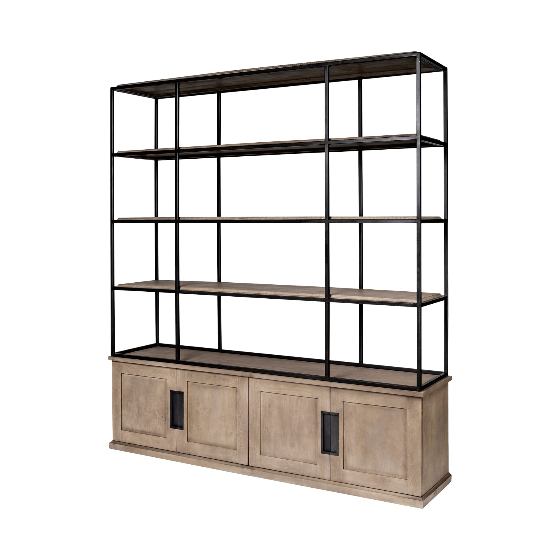 Braxton I Light Brown Wood and Iron Three Shelf Shelving Unit 81.5L x 18.5W x 90 — product photograph