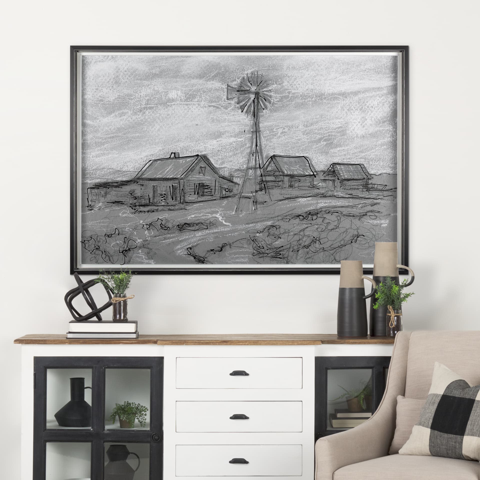 Farm view sketch I by Mercana Studio a Hand Embellished Textured Framed Art Print Matted under Glass — in a styled room
