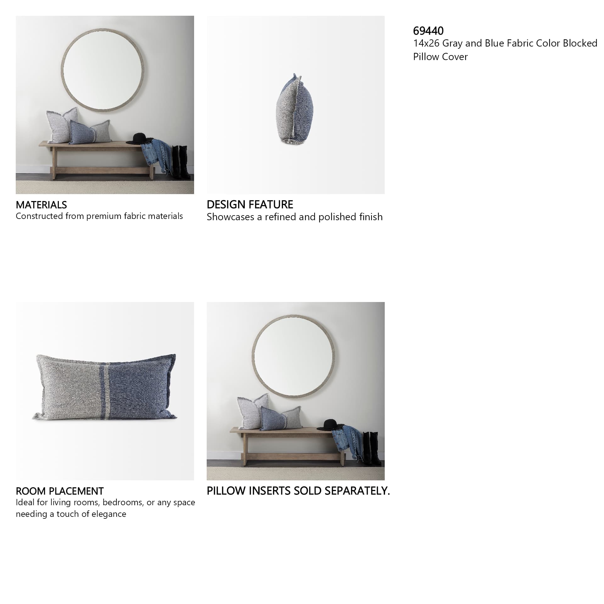 Aubrielle 14x26 Gray and Blue Fabric Color Blocked Pillow Cover — in a styled room