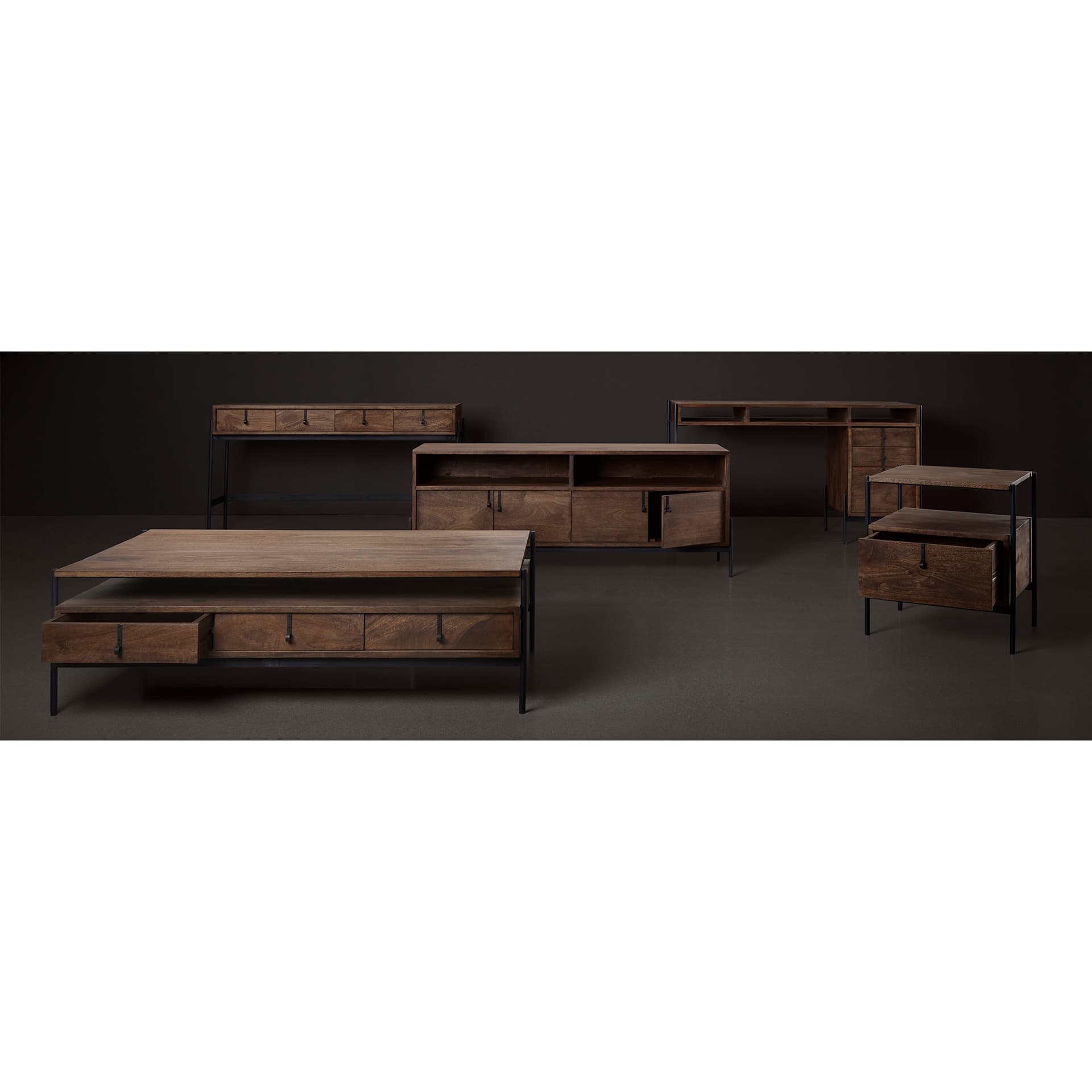 Glenn VII 56L x 22W Dark Brown Wood w/ Black Iron Frame, 3 Drawer Office Desk — product photograph