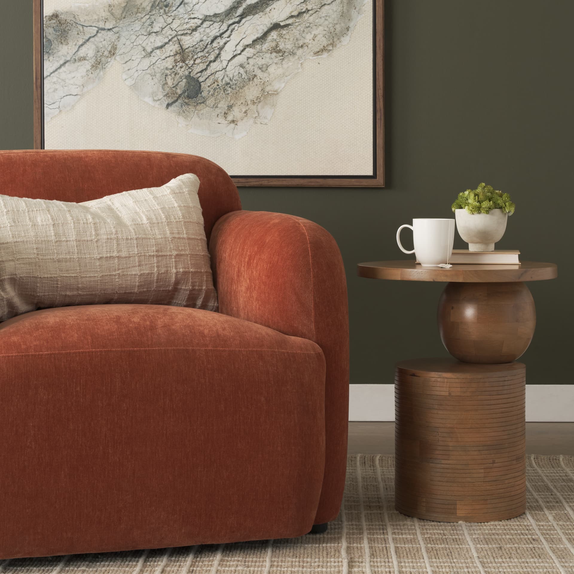 Stack Light Brown Wood Geometric Accent Table — in a styled room