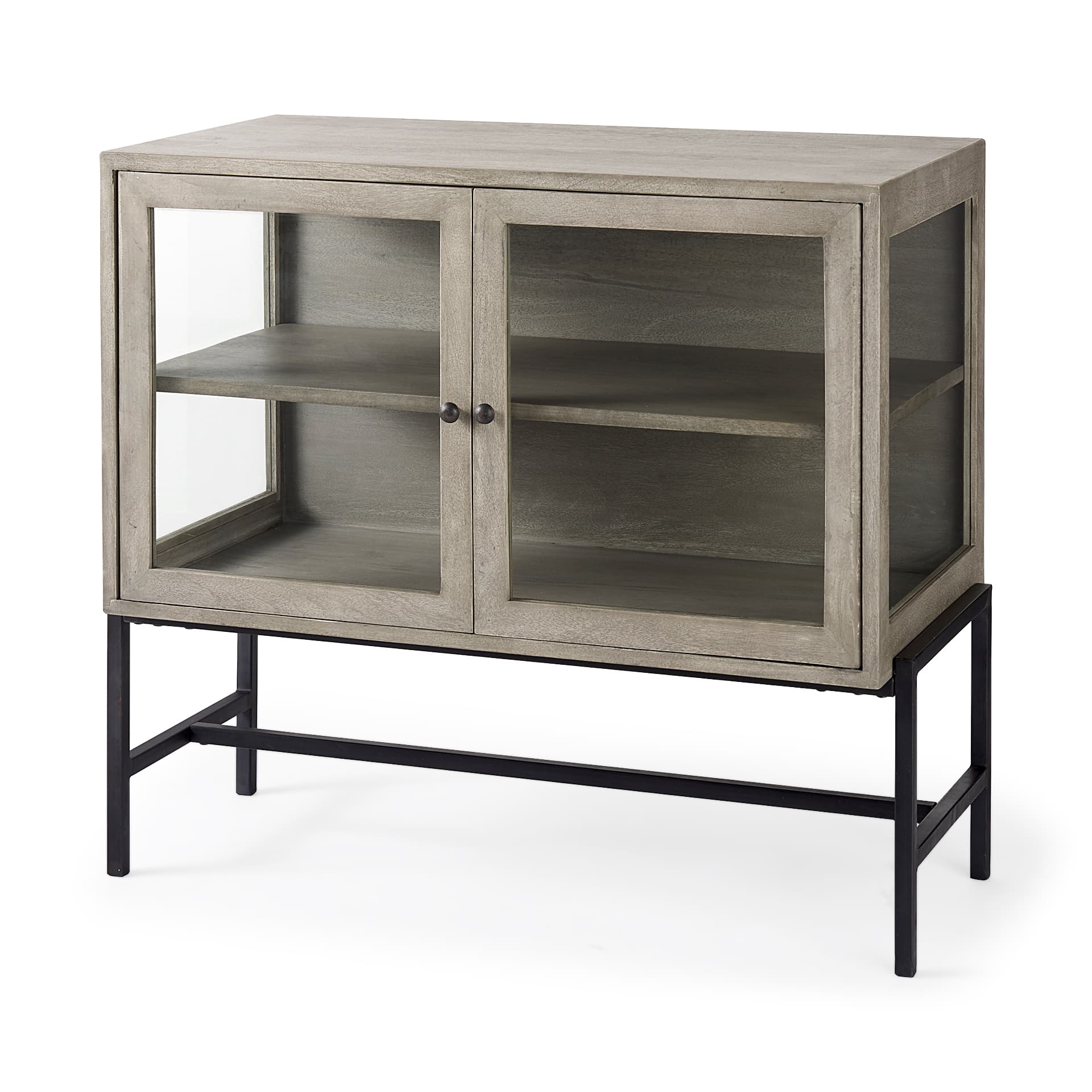 Arelius 36L x 18W x 32H Gray Wood, Black Metal Base w/ 2 Glass Doors Accent Cabinet — product photograph