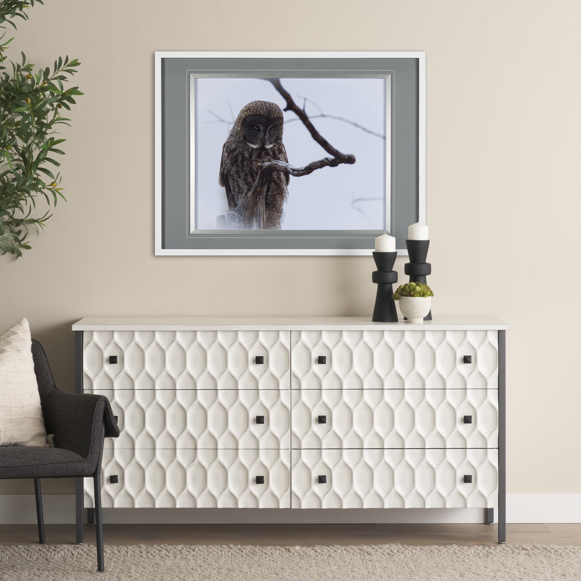 Grey Owl by Chad Mackay a Hand Embellished Textured Framed Photo Art Print Matted under Glass — in a styled room