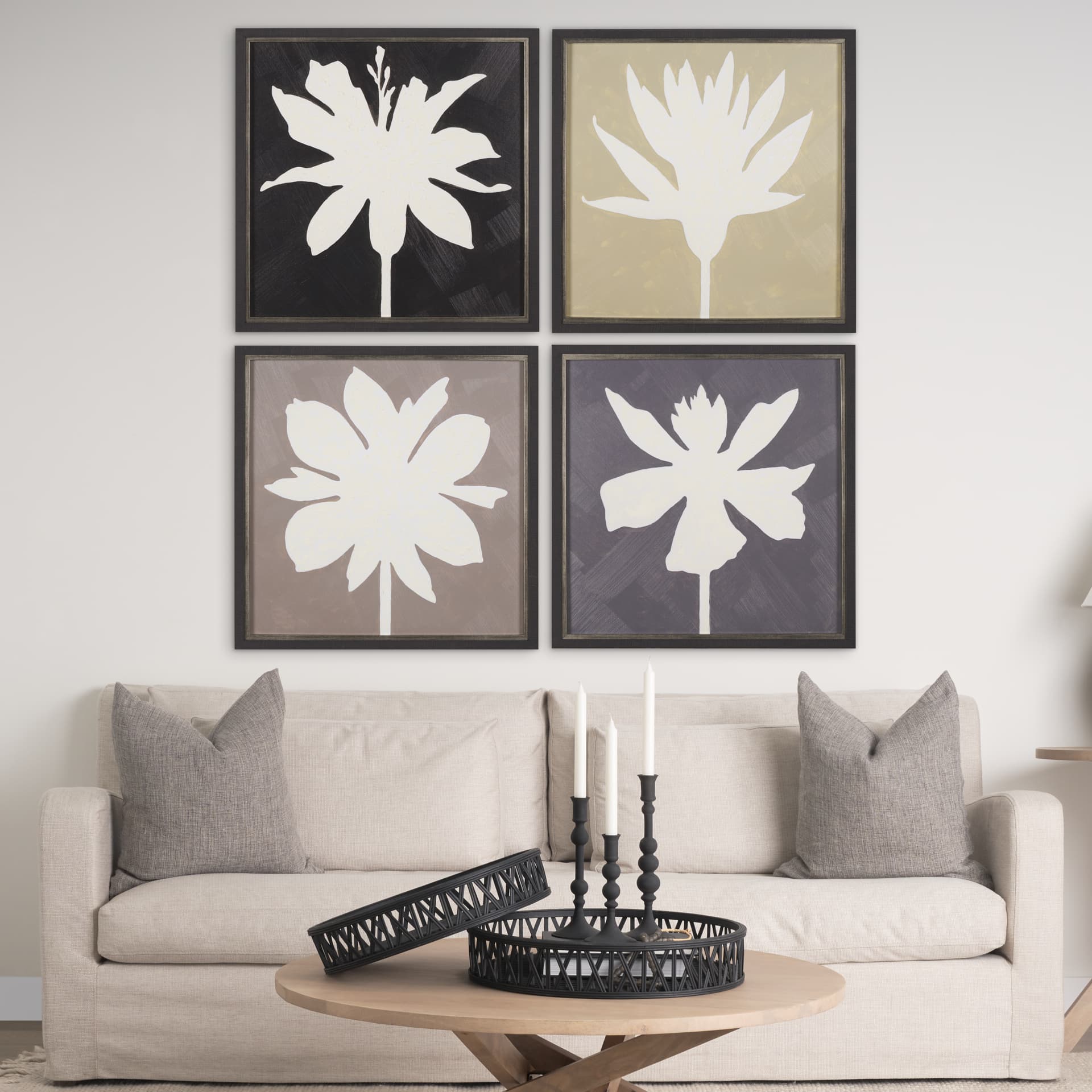 Floral Silhouettes II by Liz Jardine a Hand Embelished Textured Framed Art Print — in a styled room