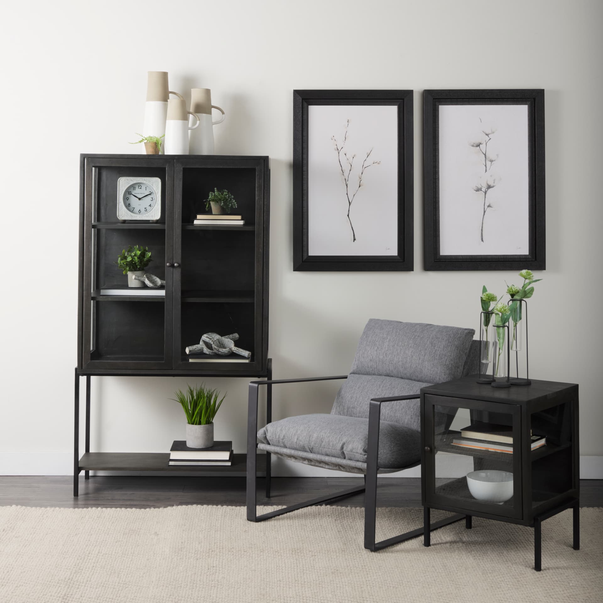 Arelius 36L x 18.75W x 63H Black-Brown Wood W/ Black Metal Base Display Cabinet — product photograph