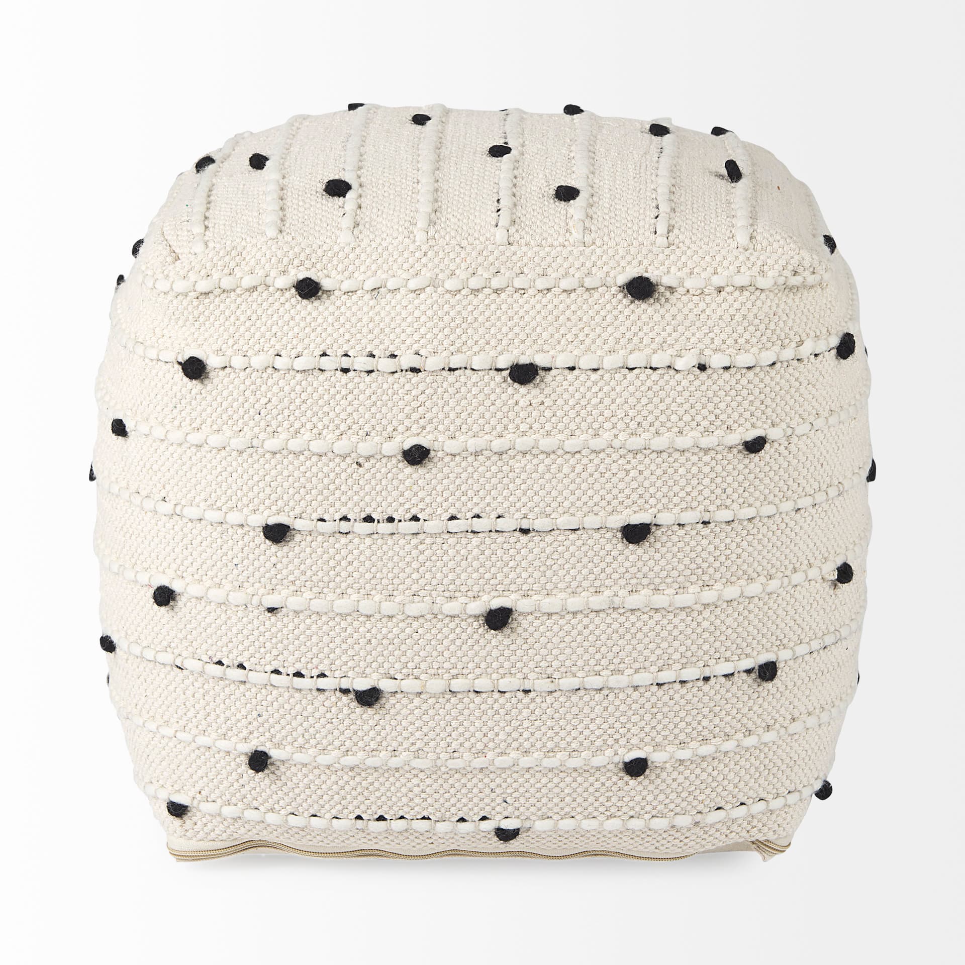Amaira 16.0L x 16.0W x 16.0H Cream/Black/White patterned Wool and Cotton Pouf — product photograph