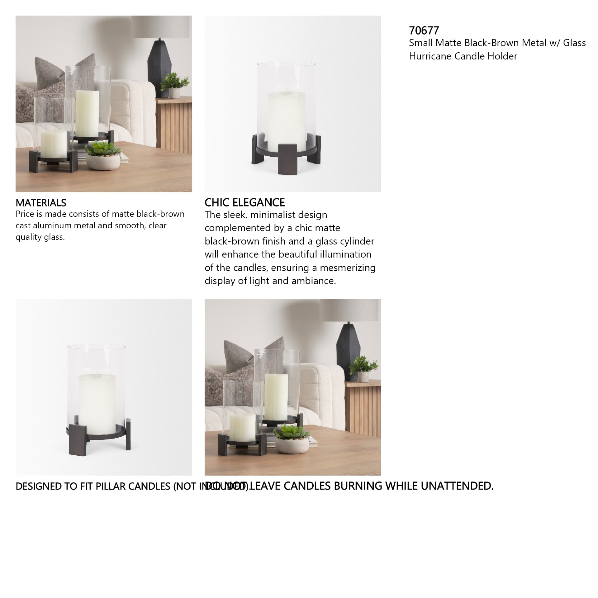 Price Small Matte Black-Brown Metal w/ Glass Hurricane Candle Holder — in a styled room