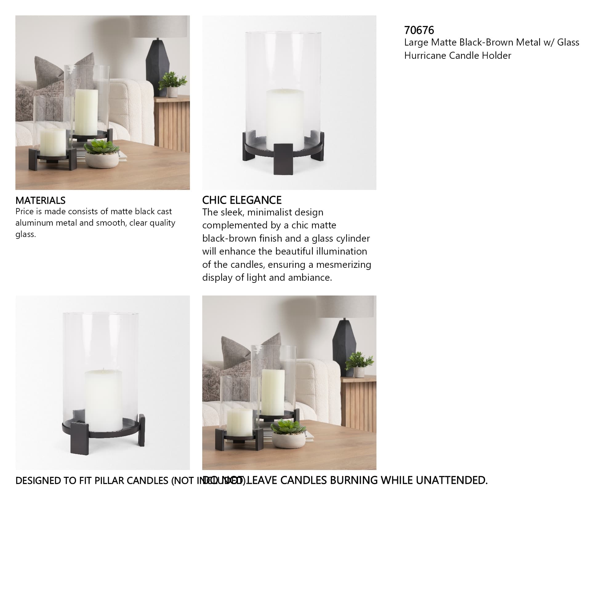 Price Large Matte Black-Brown Metal w/ Glass Hurricane Candle Holder — in a styled room