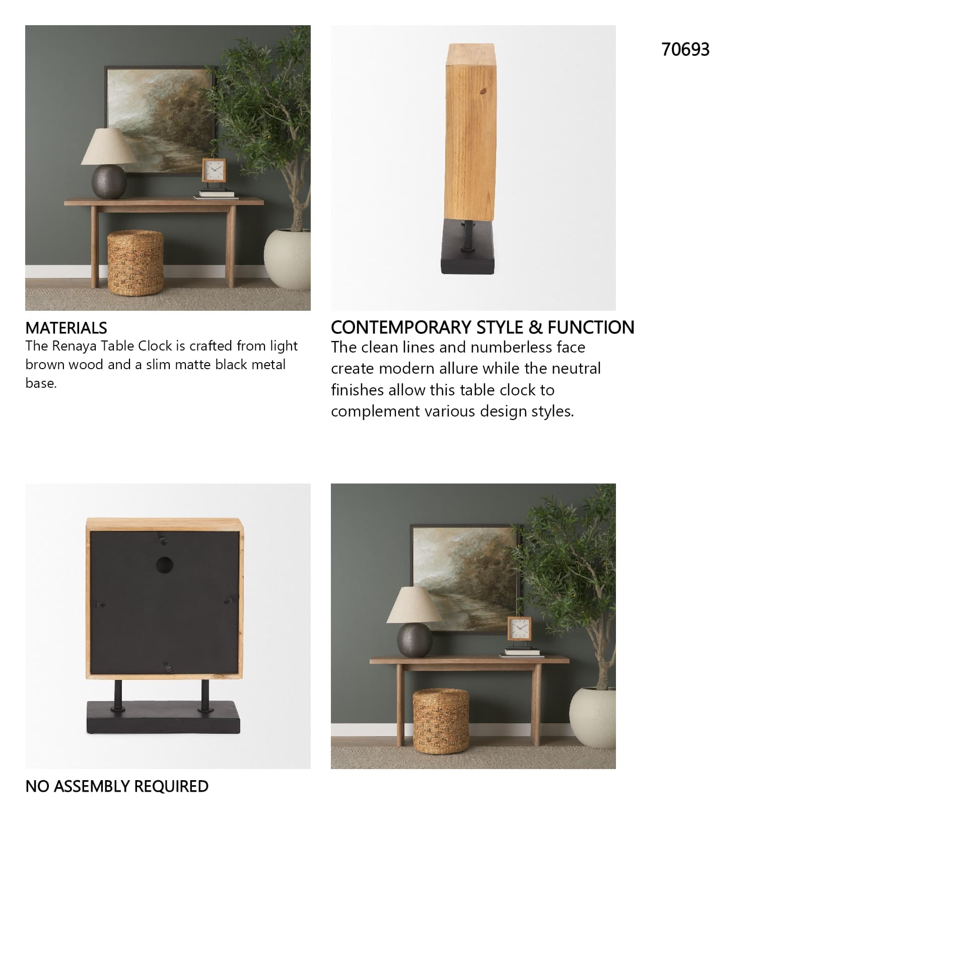 Renaya Light Brown Wood w/ Matte Black Metal Base Table Clock — in a styled room