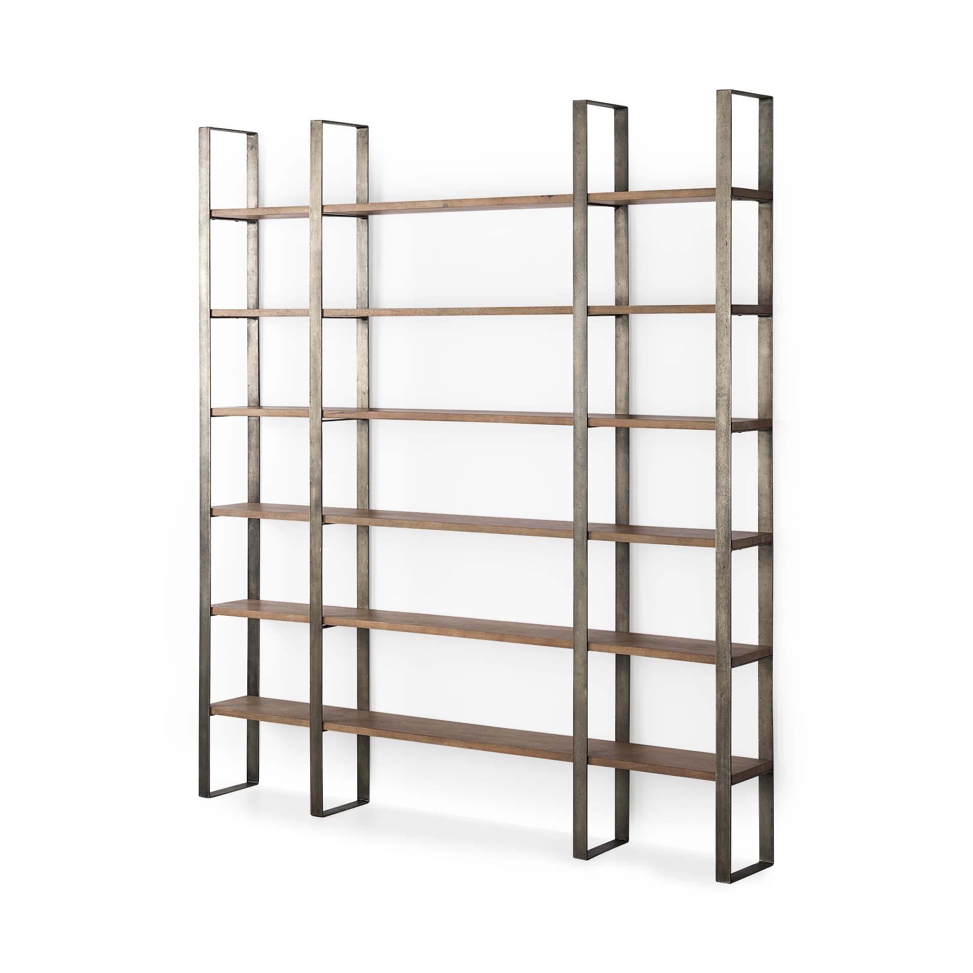 Taunton 80L x 10.5W x 90H Medium Brown Wood W/ Antique Nickel Metal Frame 6 Tier Shelving Unit — product photograph