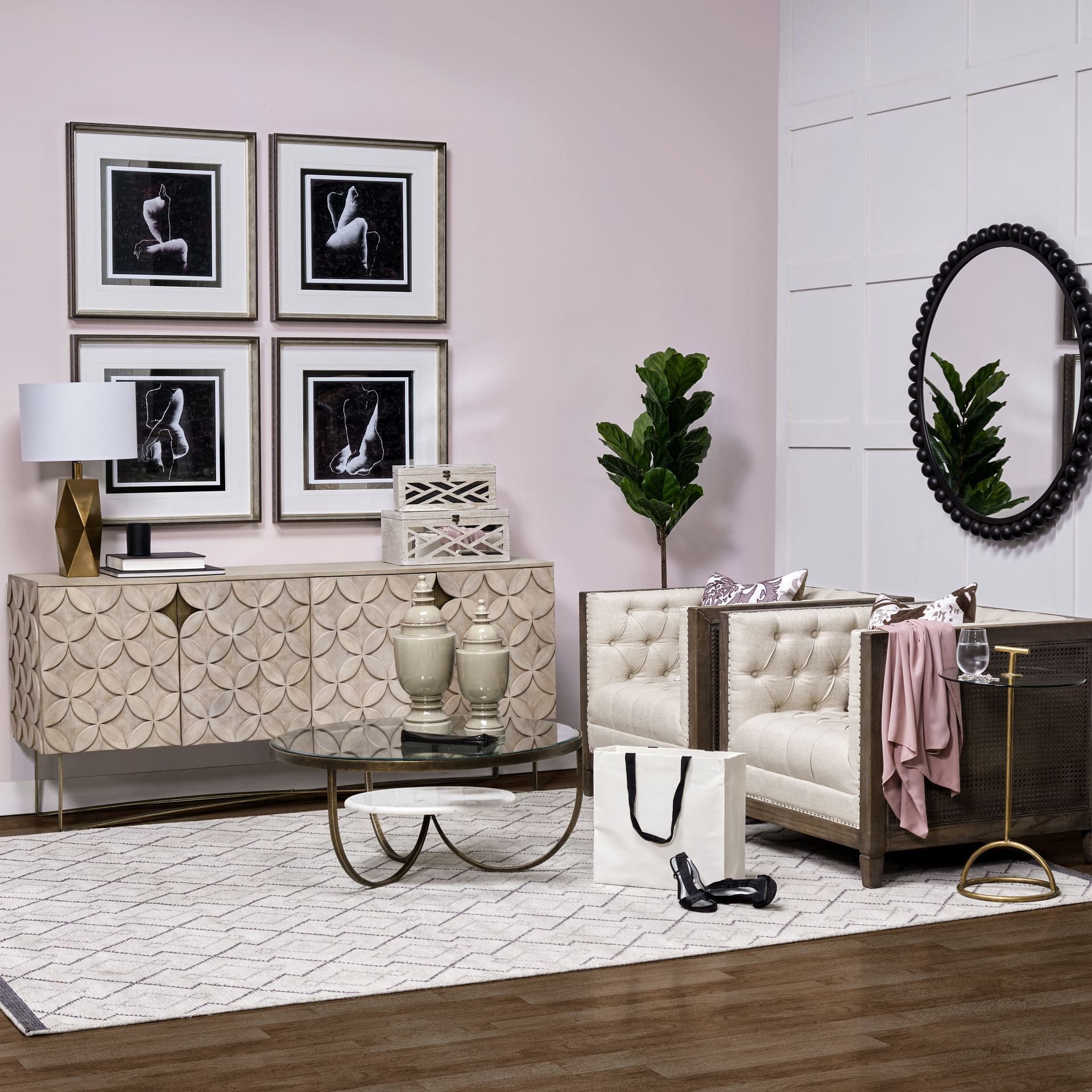 Excelsior I (72x18.3) Solid Wood Gold Metal Base 4 Cabinet Door SideBoard — in a styled room