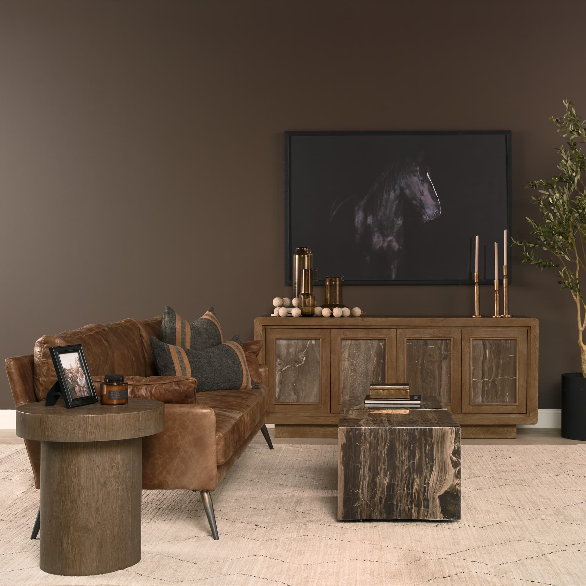 Valterra Dark Brown Wood w/ Cappuccino Marble 4 Door Sideboard — in a styled room